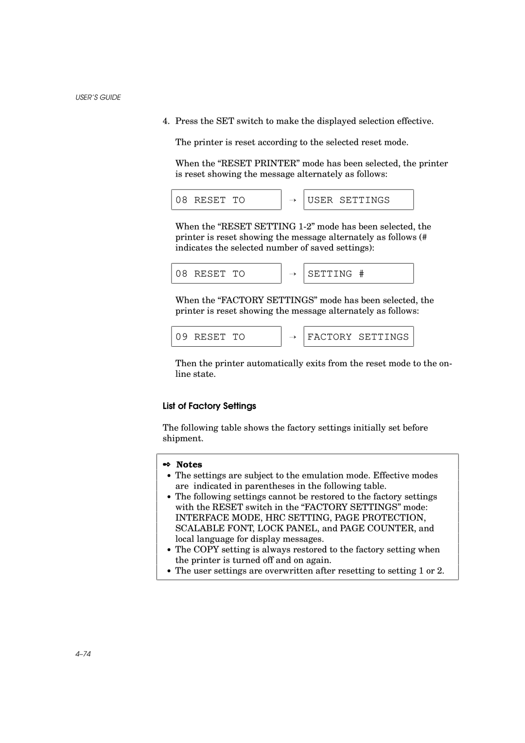 Brother HL-960 manual Reset to User Settings, Reset to Setting #, Reset to Factory Settings, List of Factory Settings 