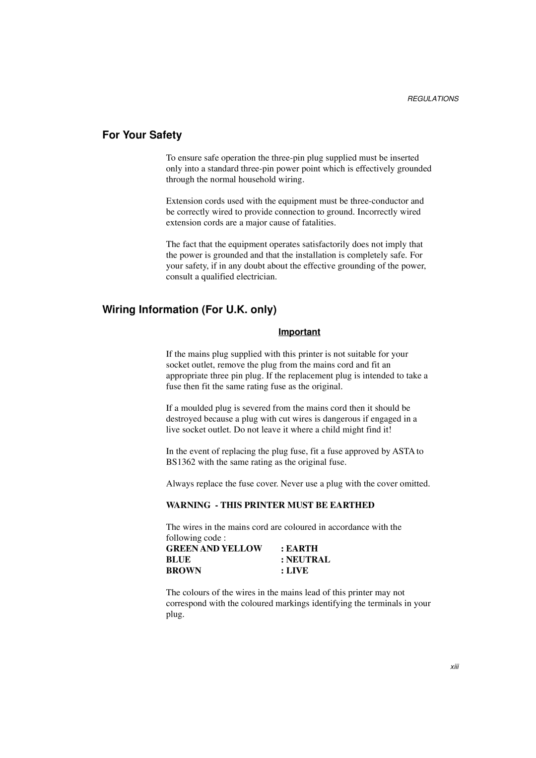 Brother HL-960 manual For Your Safety, Wiring Information For U.K. only 