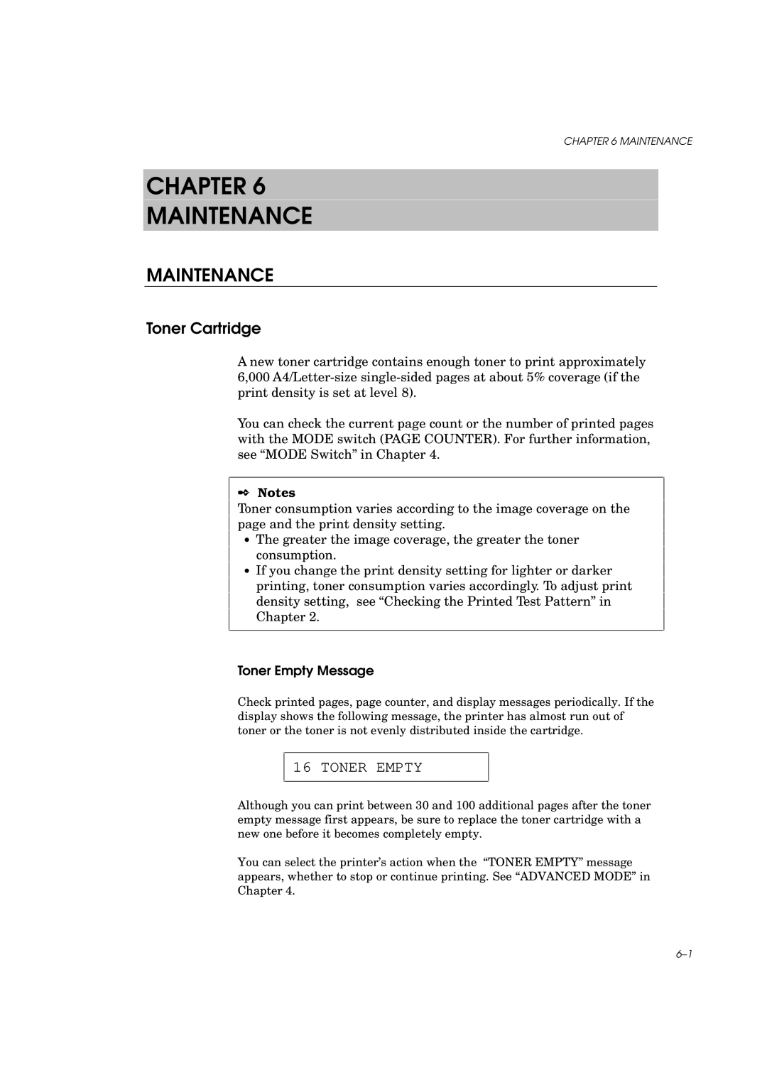 Brother HL-960 manual Toner Cartridge, Toner Empty Message 