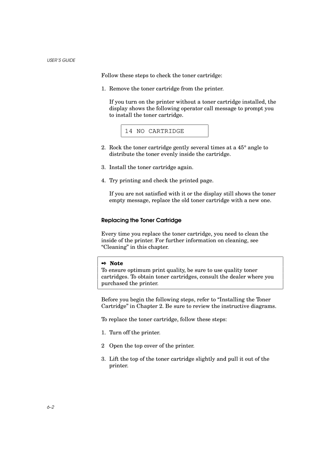 Brother HL-960 manual No Cartridge, Replacing the Toner Cartridge 