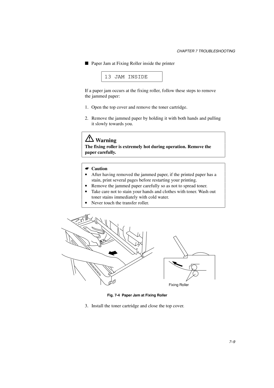 Brother HL-960 manual JAM Inside, Paper Jam at Fixing Roller 