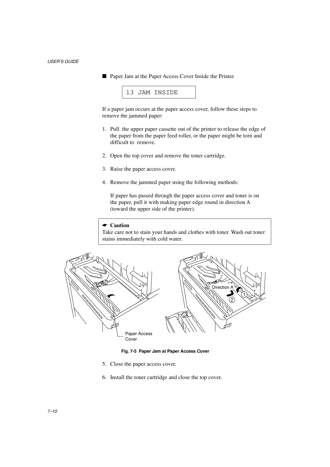 Brother HL-960 manual Paper Jam at the Paper Access Cover Inside the Printer 