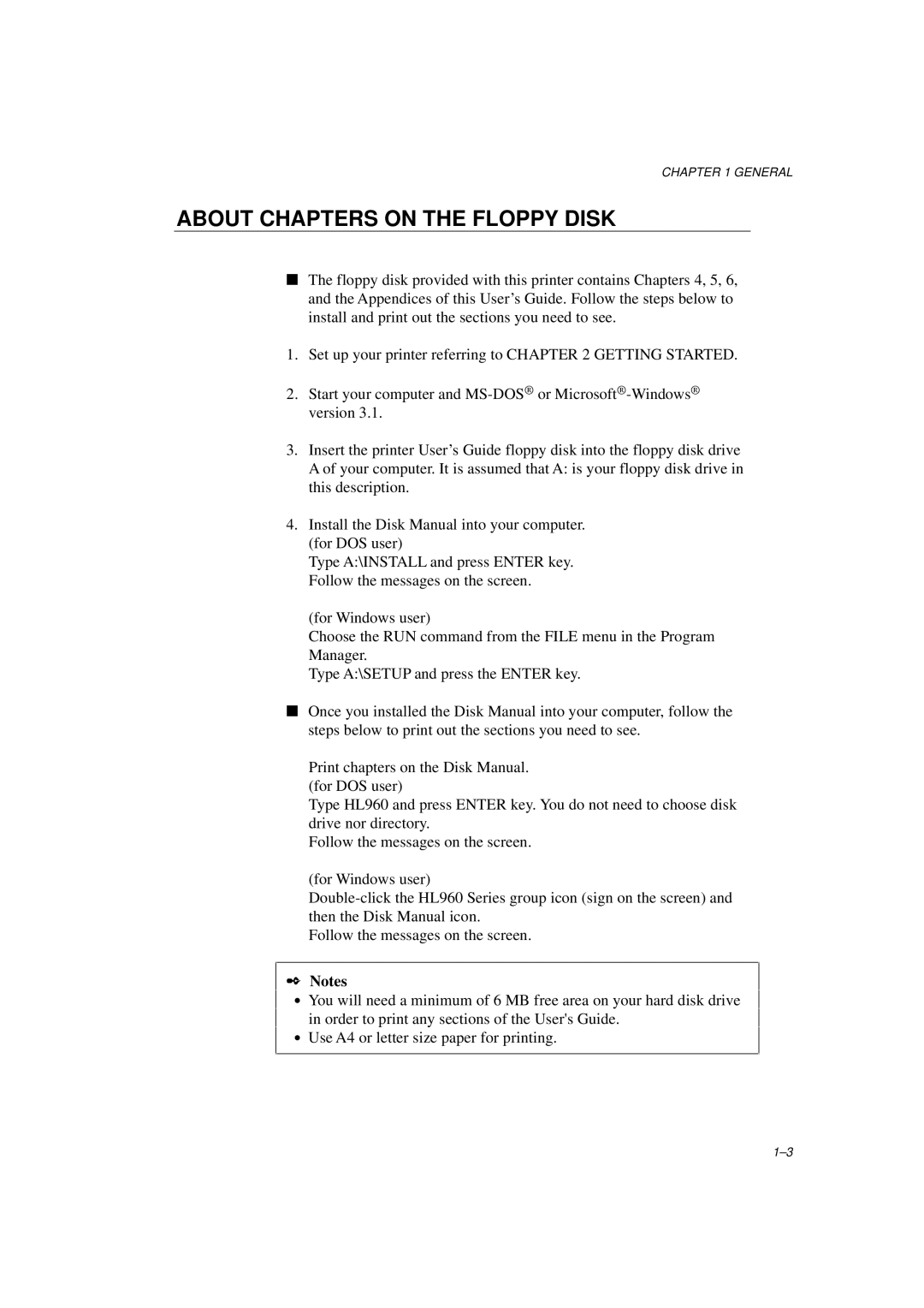 Brother HL-960 manual About Chapters on the Floppy Disk 