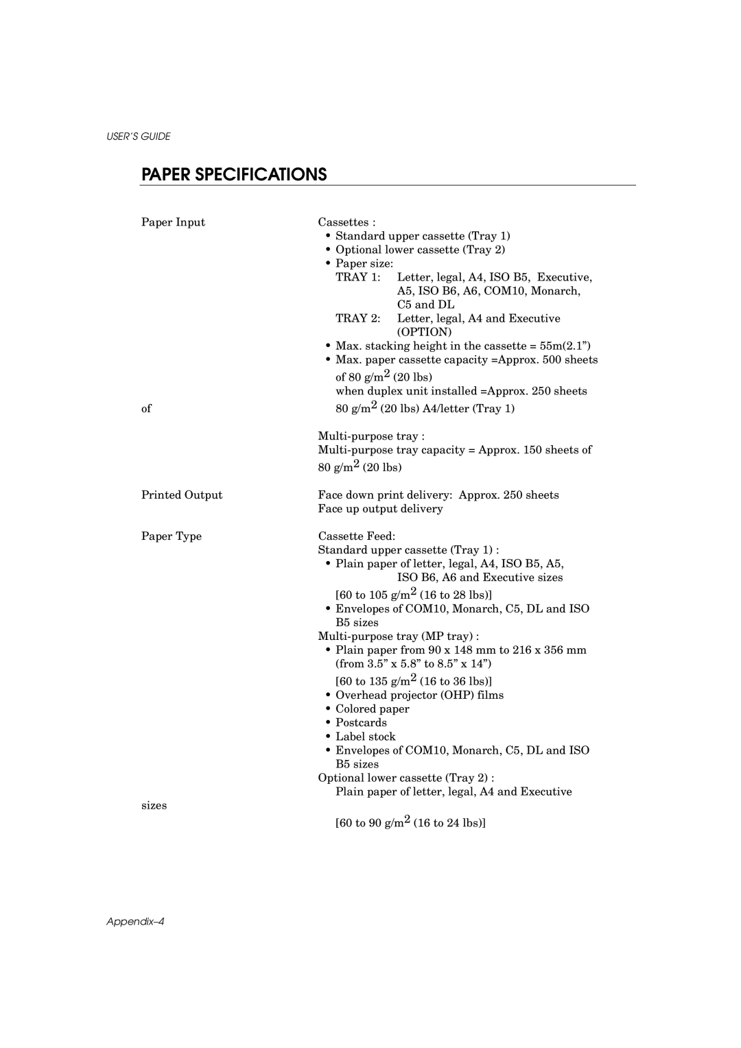 Brother HL-960 manual Paper Specifications 