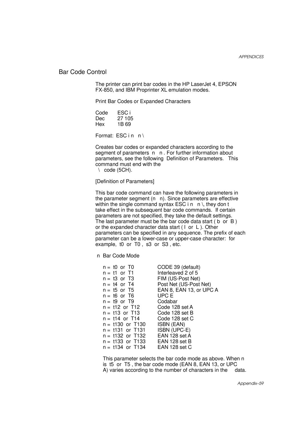 Brother HL-960 manual Bar Code Control, Print Bar Codes or Expanded Characters 