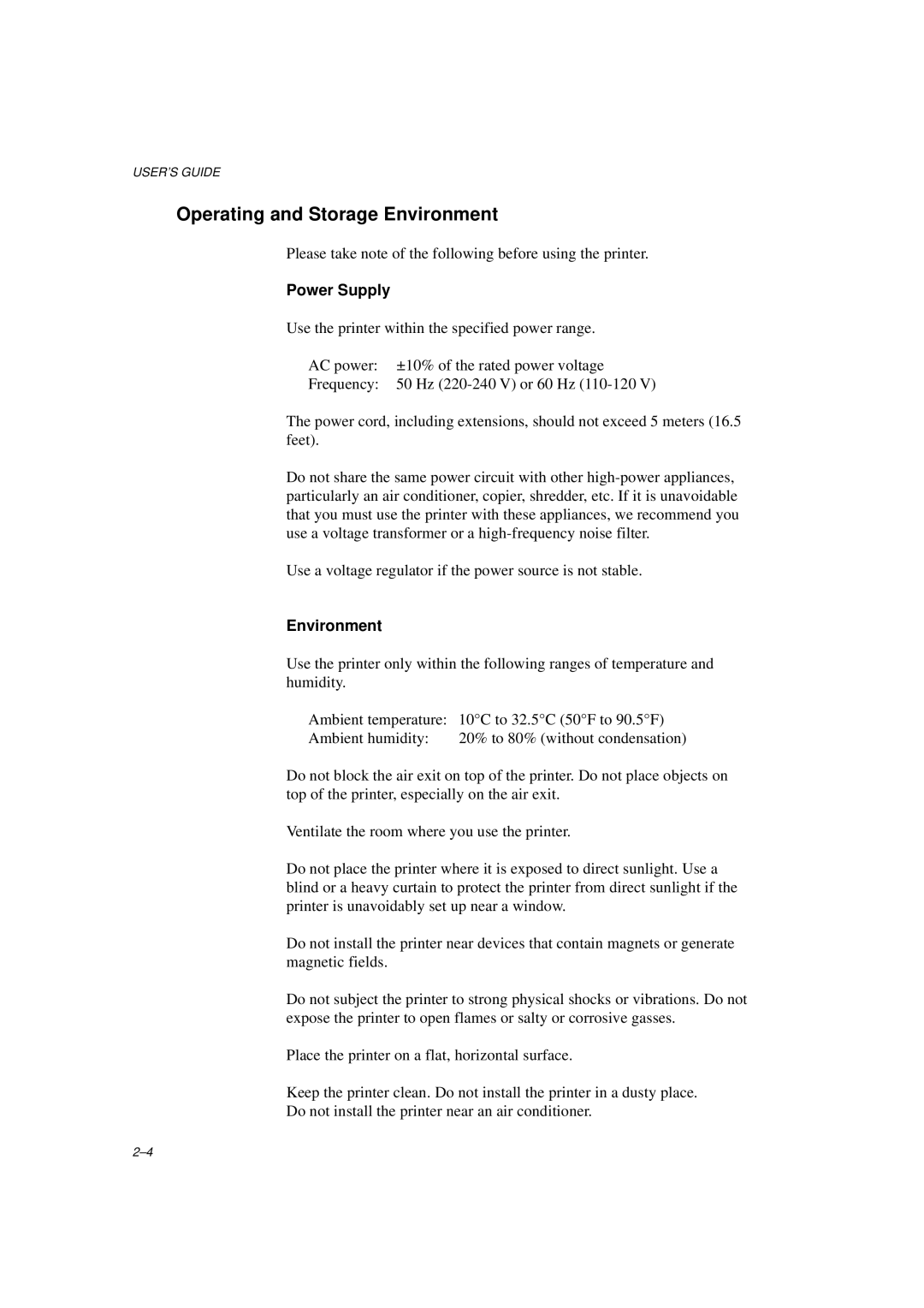 Brother HL-960 manual Operating and Storage Environment, Power Supply 