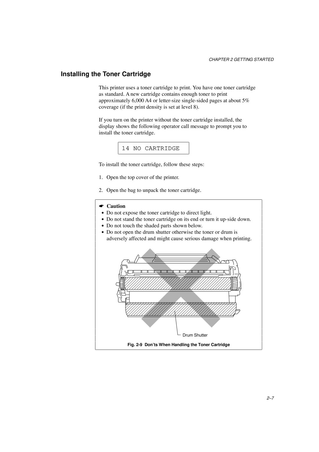 Brother HL-960 manual Installing the Toner Cartridge, No Cartridge 