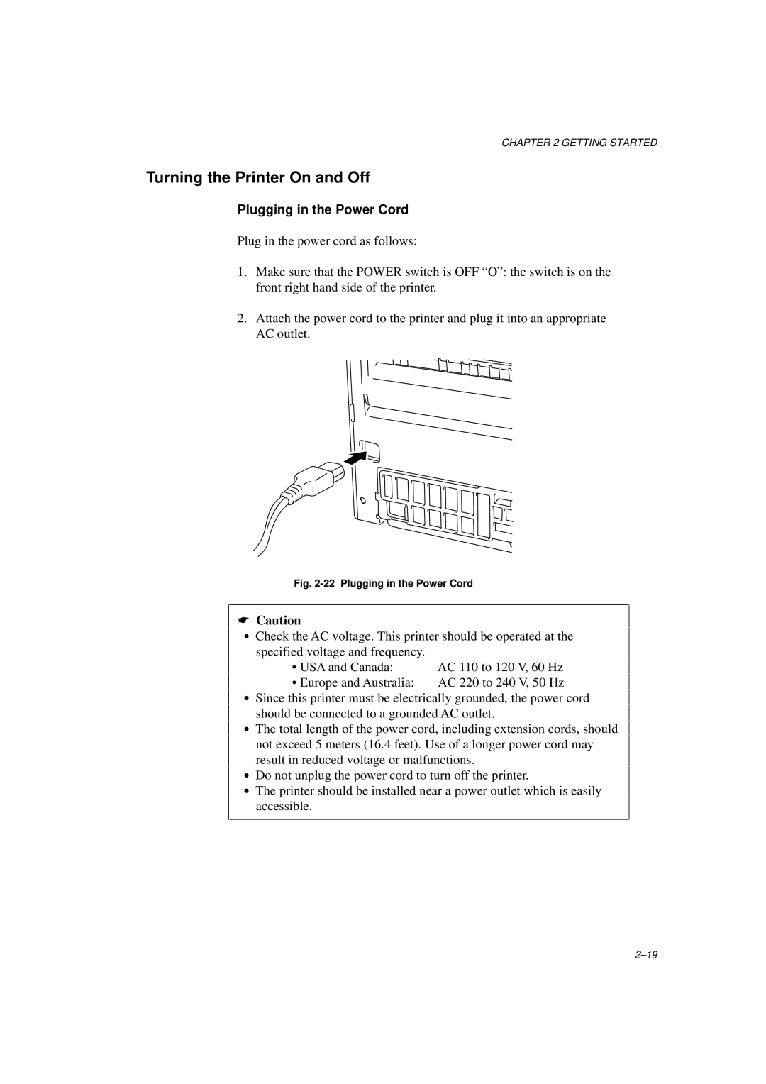 Brother HL-960 manual Turning the Printer On and Off, Plugging in the Power Cord 