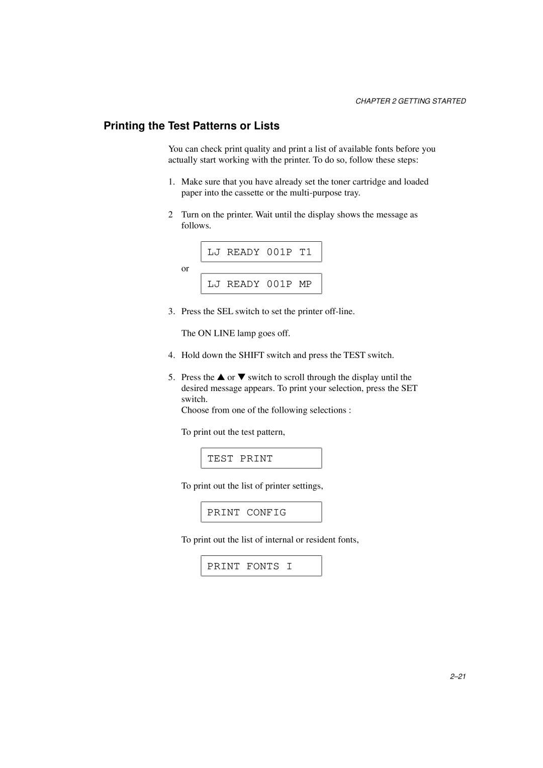 Brother HL-960 manual Printing the Test Patterns or Lists, LJ Ready 001P T1 LJ Ready 001P MP, Test Print, Print Config 