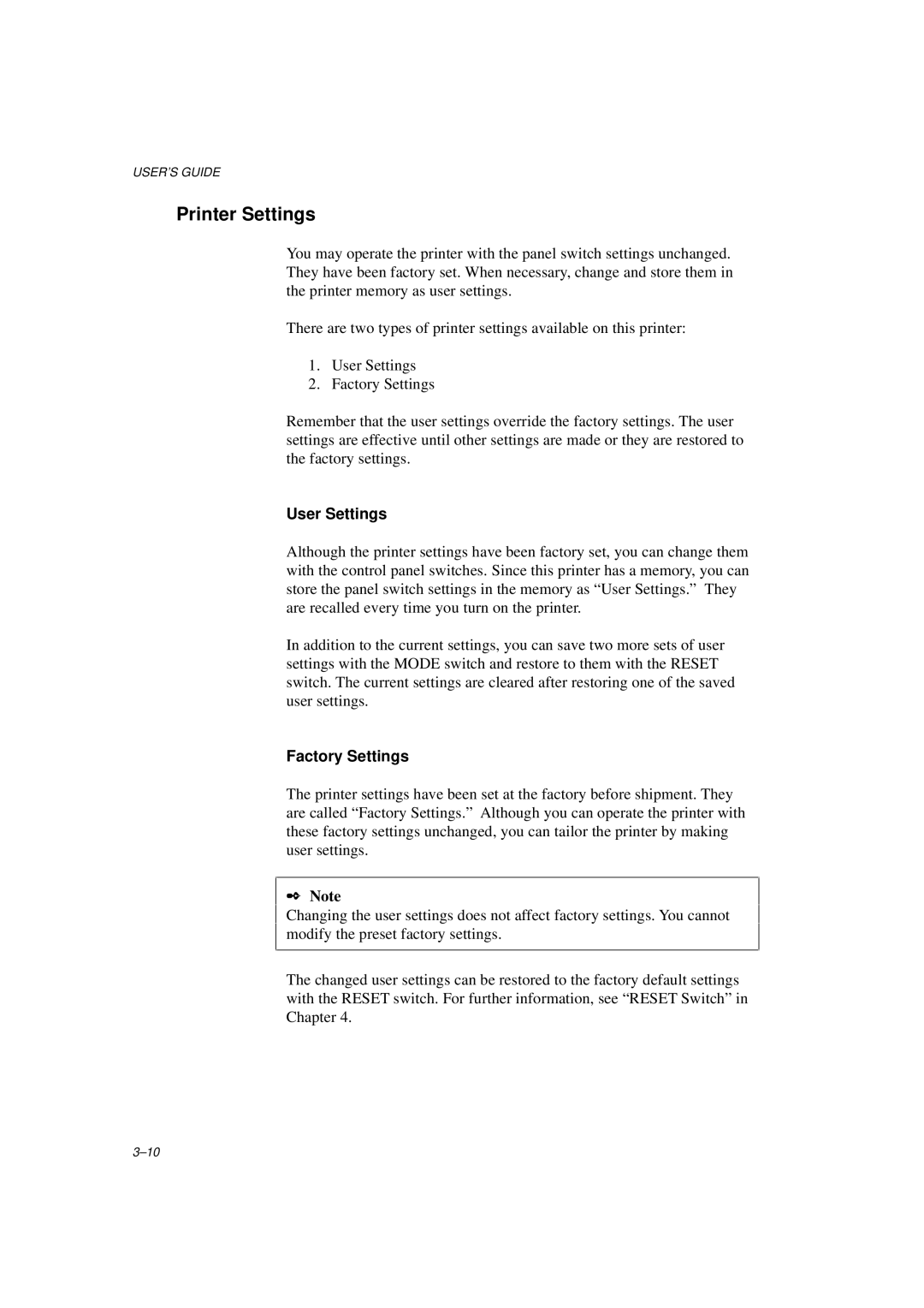 Brother HL-960 manual Printer Settings, User Settings, Factory Settings 