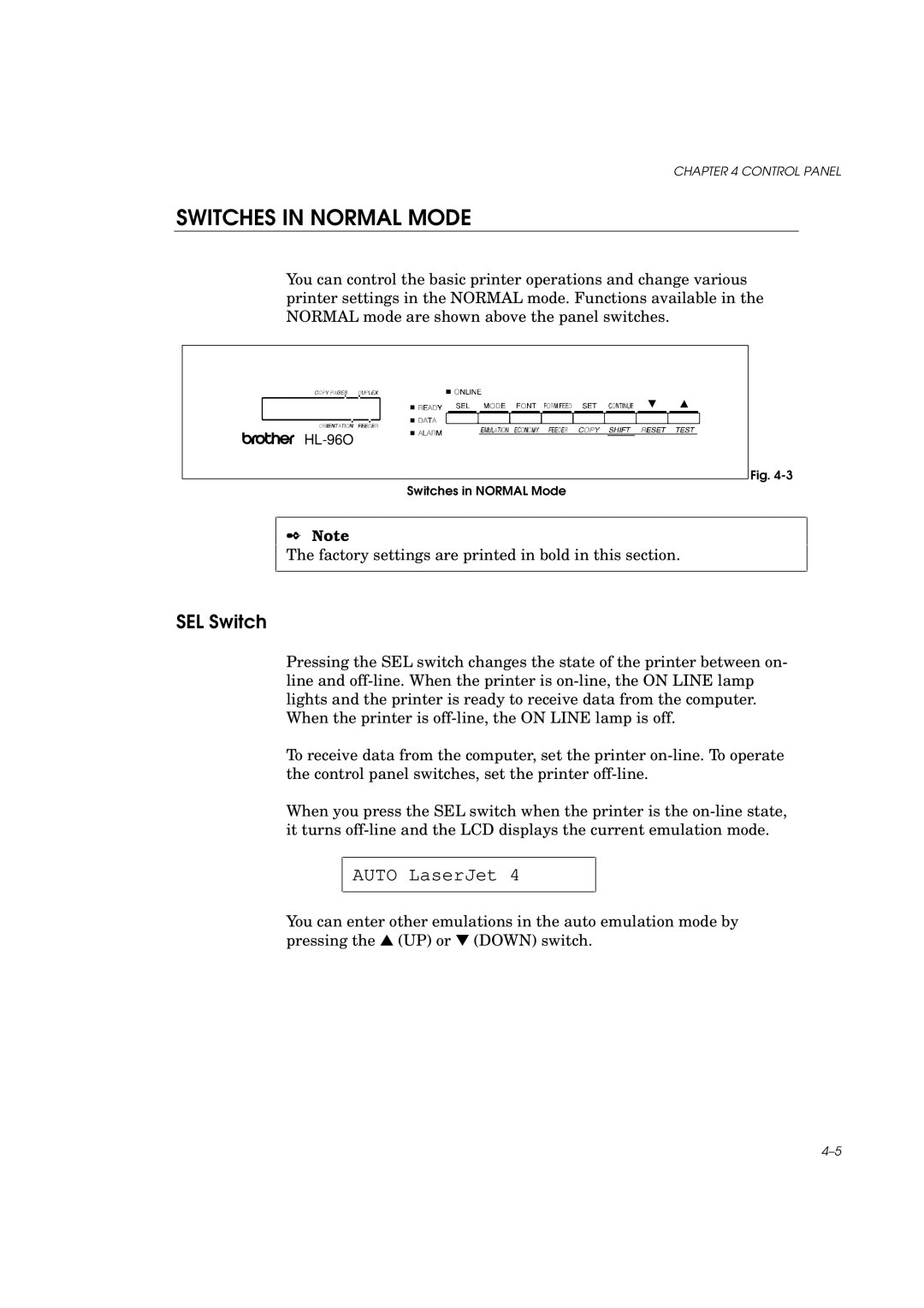 Brother HL-960 manual SEL Switch, Auto LaserJet 