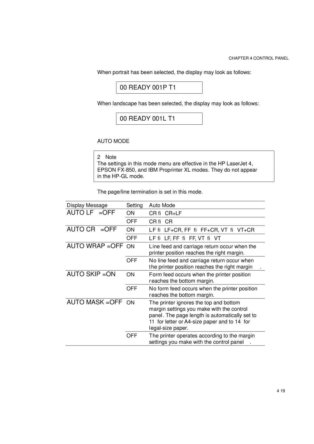 Brother HL-960 manual Auto LF =OFF, Auto CR =OFF, Auto Wrap =OFF, Auto Skip =ON, Auto Mask =OFF 