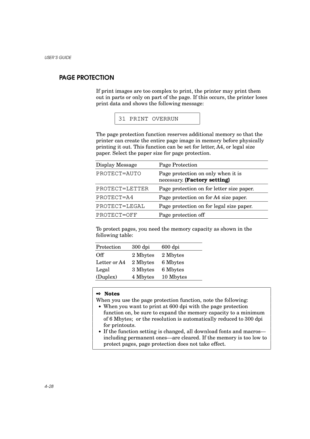 Brother HL-960 manual Print Overrun, Protect=Auto, Protect=Letter, PROTECT=A4, Protect=Legal, Protect=Off 