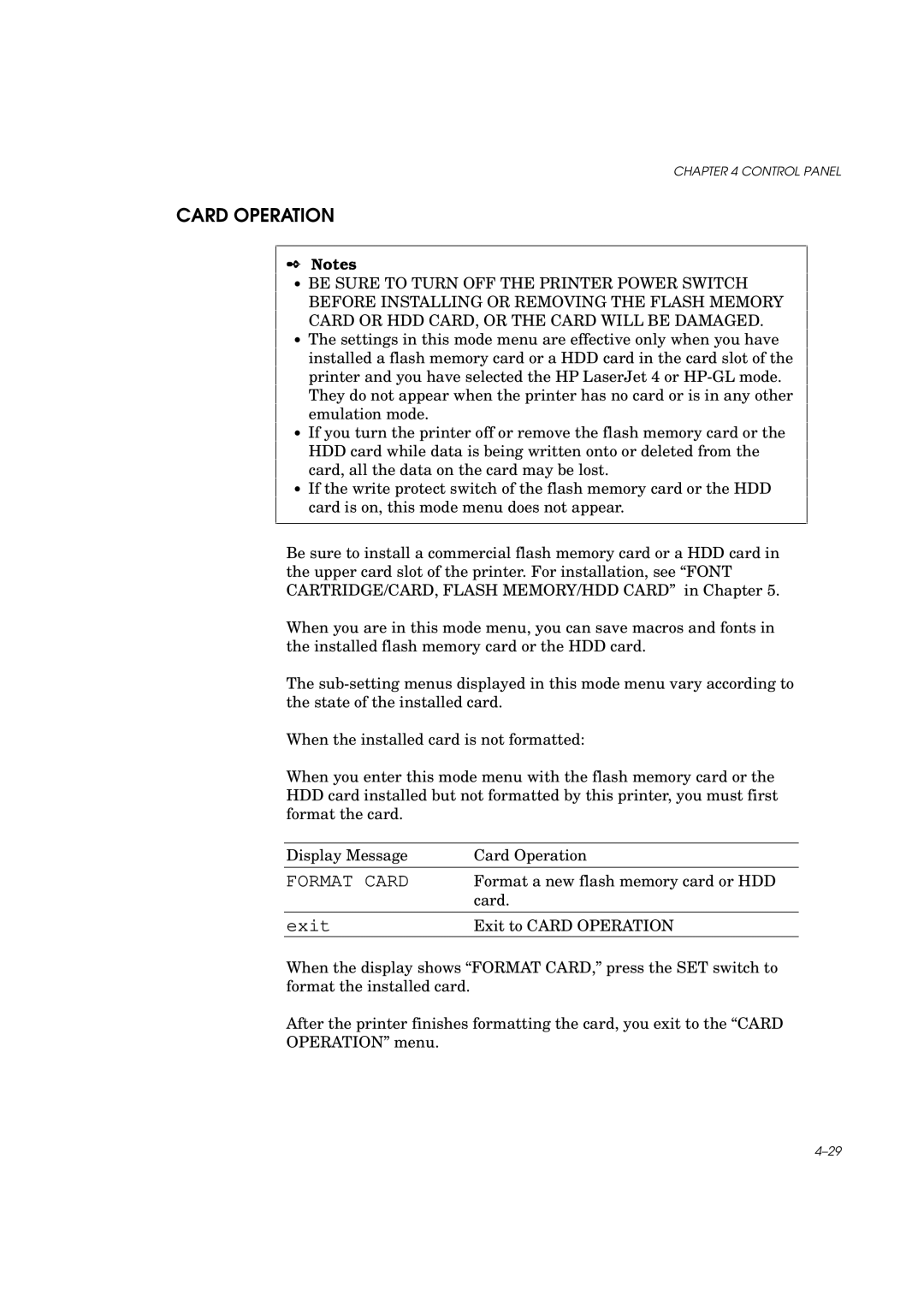 Brother HL-960 manual Card Operation 