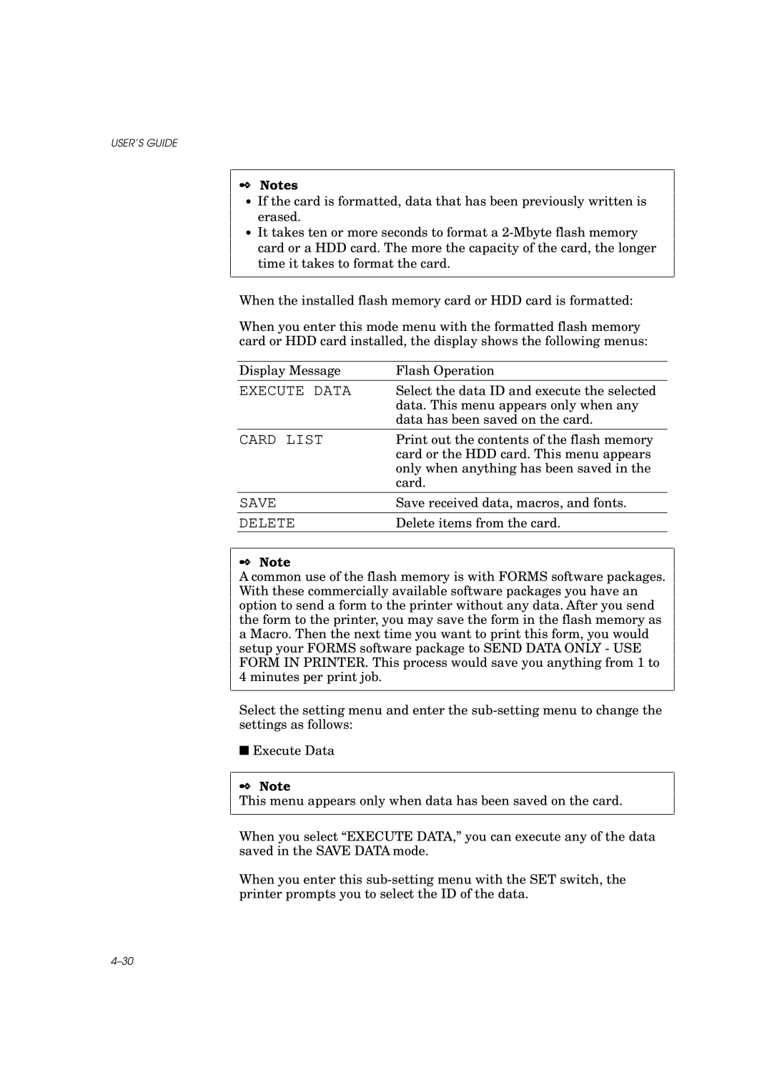 Brother HL-960 manual Execute Data, Card List, Save, Delete 