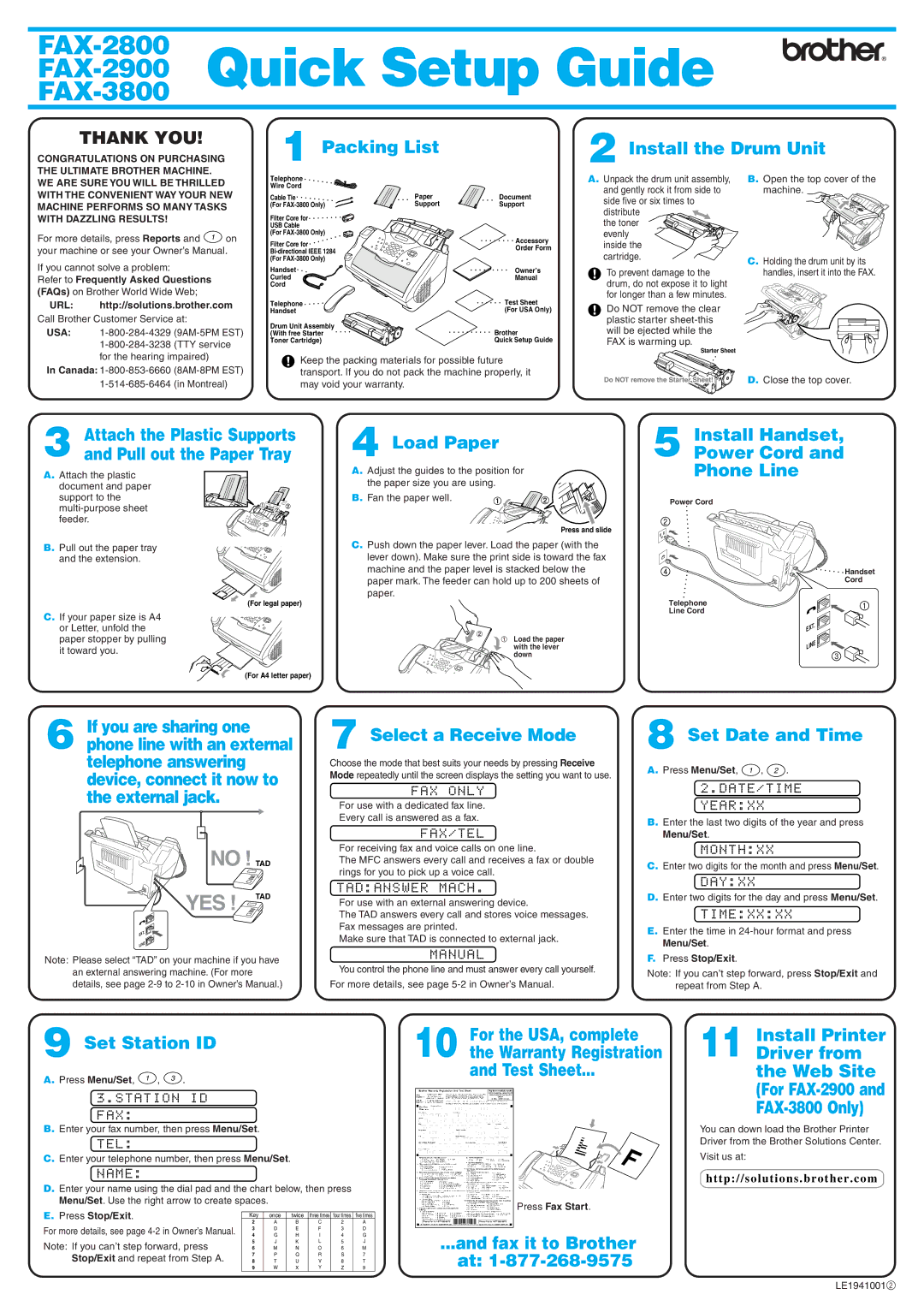 Brother 2900, 3800 setup guide Packing List Install the Drum Unit, Load Paper, Install Handset Power Cord Phone Line 