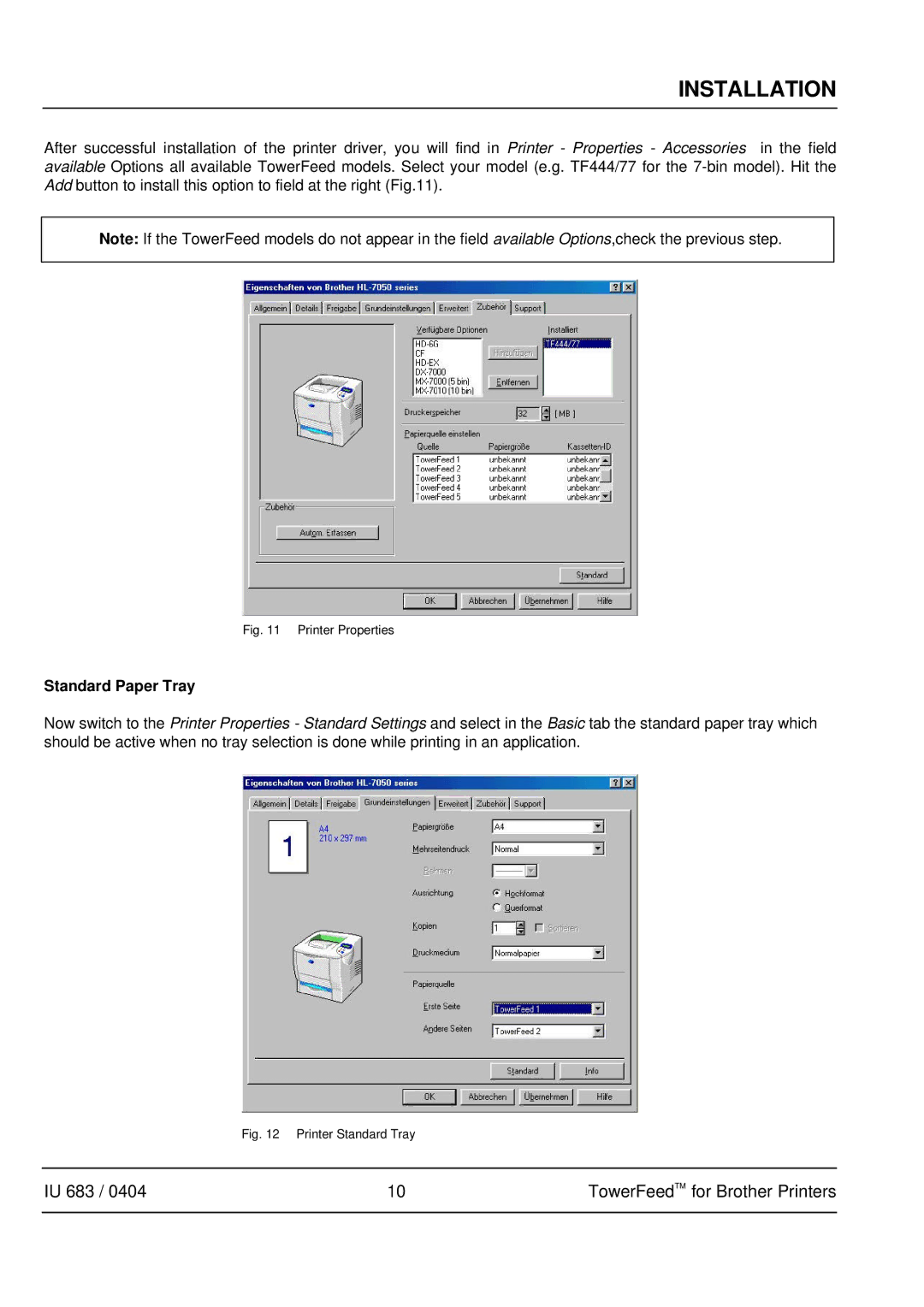 Brother IU 683 / 0402 manual Standard Paper Tray, Printer Properties 