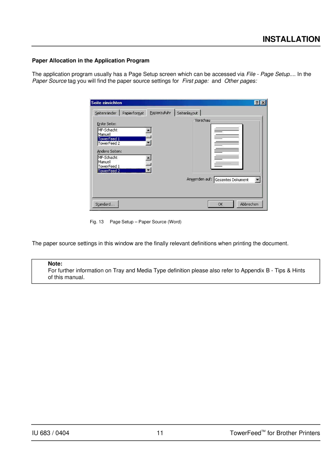 Brother IU 683 / 0402 manual Paper Allocation in the Application Program, Setup Paper Source Word 