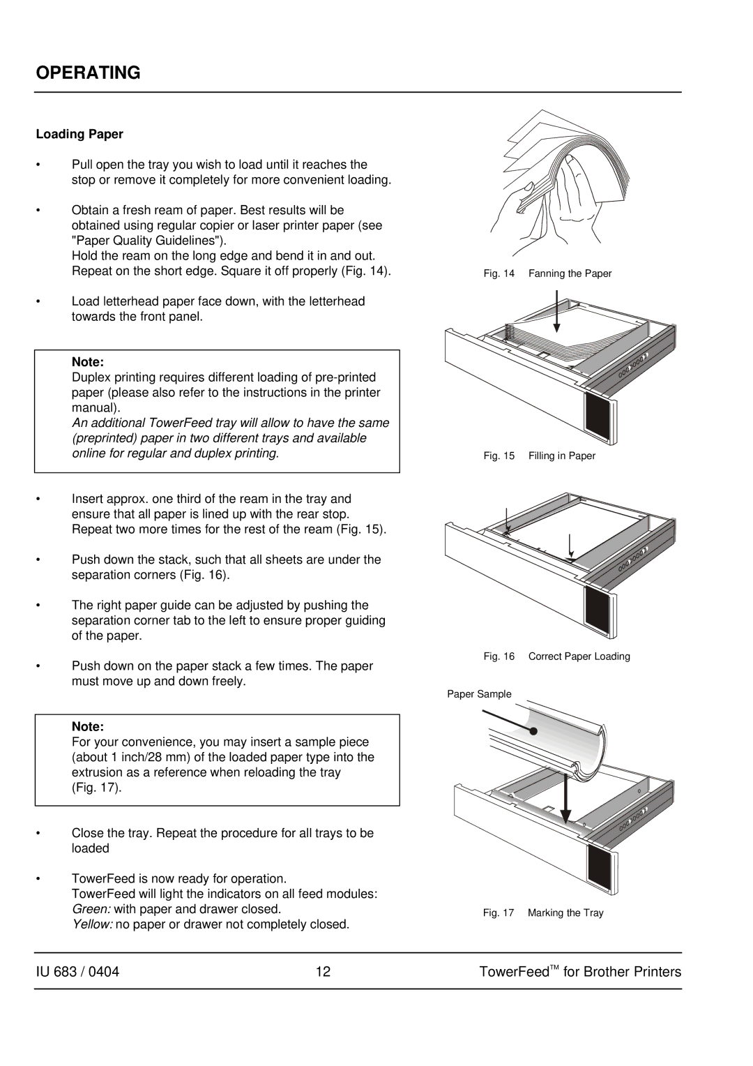 Brother IU 683 / 0402 manual Operating, Loading Paper 