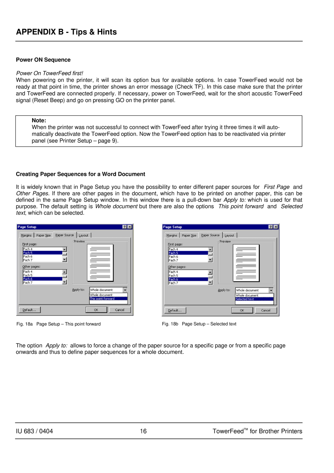 Brother IU 683 / 0402 manual Appendix B Tips & Hints, Power on Sequence, Creating Paper Sequences for a Word Document 