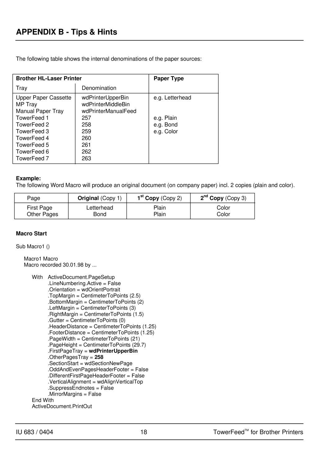 Brother IU 683 / 0402 manual Brother HL-Laser Printer Paper Type, Example, Original Copy, Macro Start 