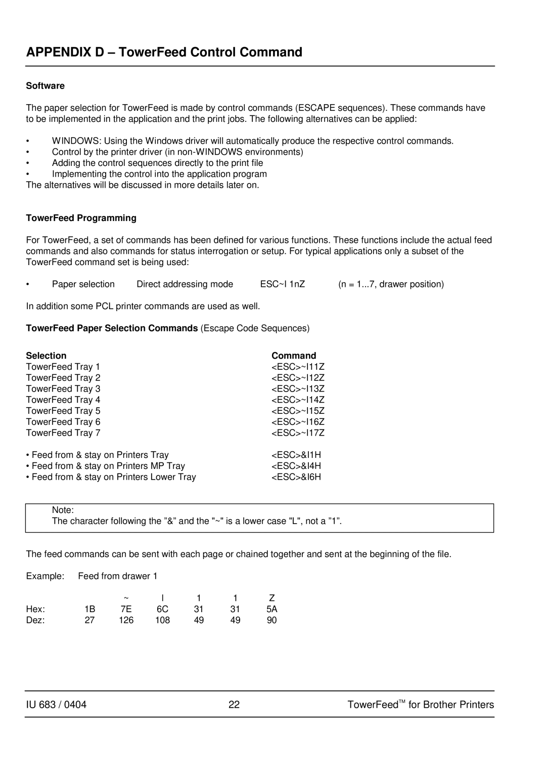 Brother IU 683 / 0402 manual Appendix D TowerFeed Control Command, Software, TowerFeed Programming 