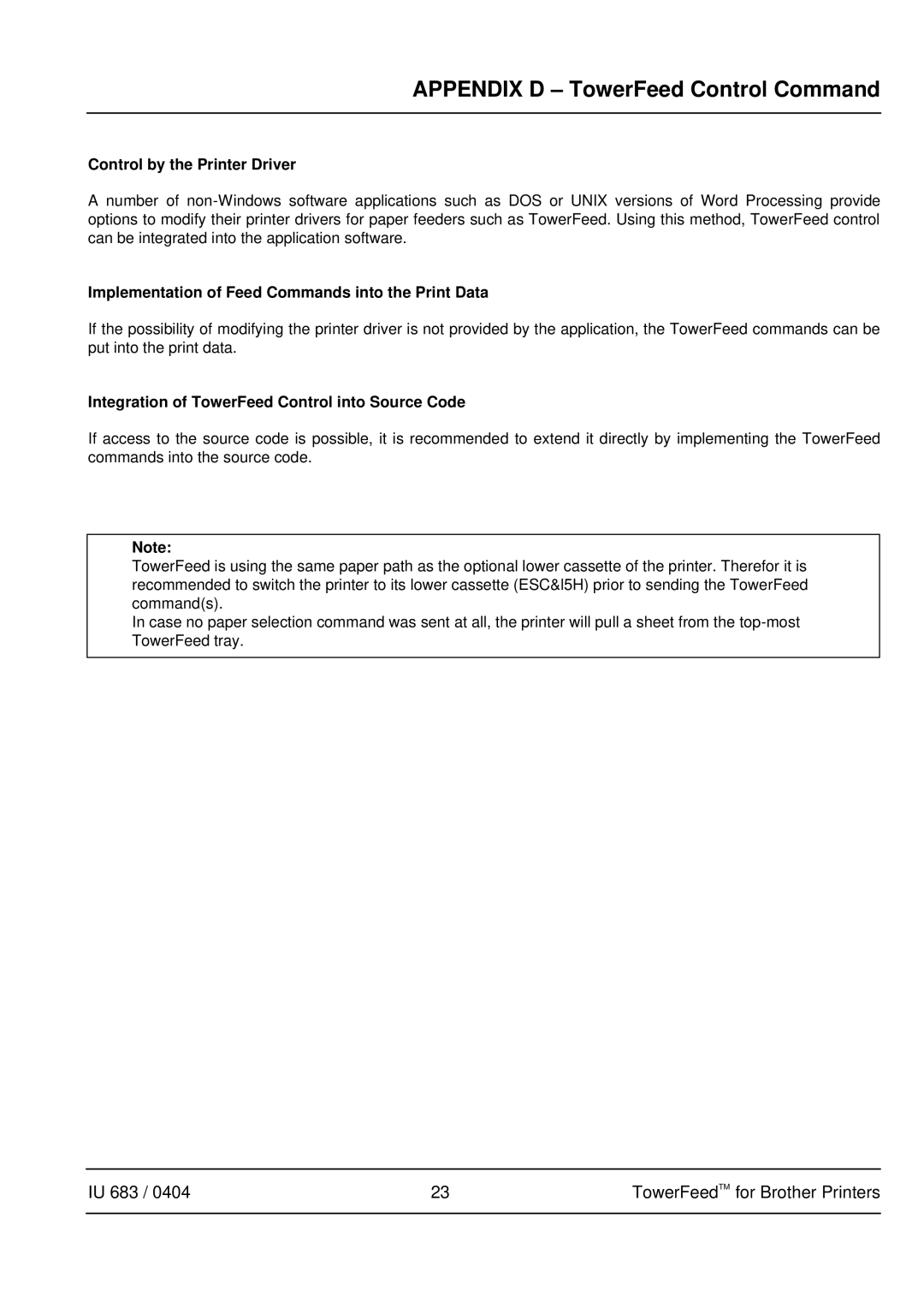 Brother IU 683 / 0402 manual Control by the Printer Driver, Implementation of Feed Commands into the Print Data 