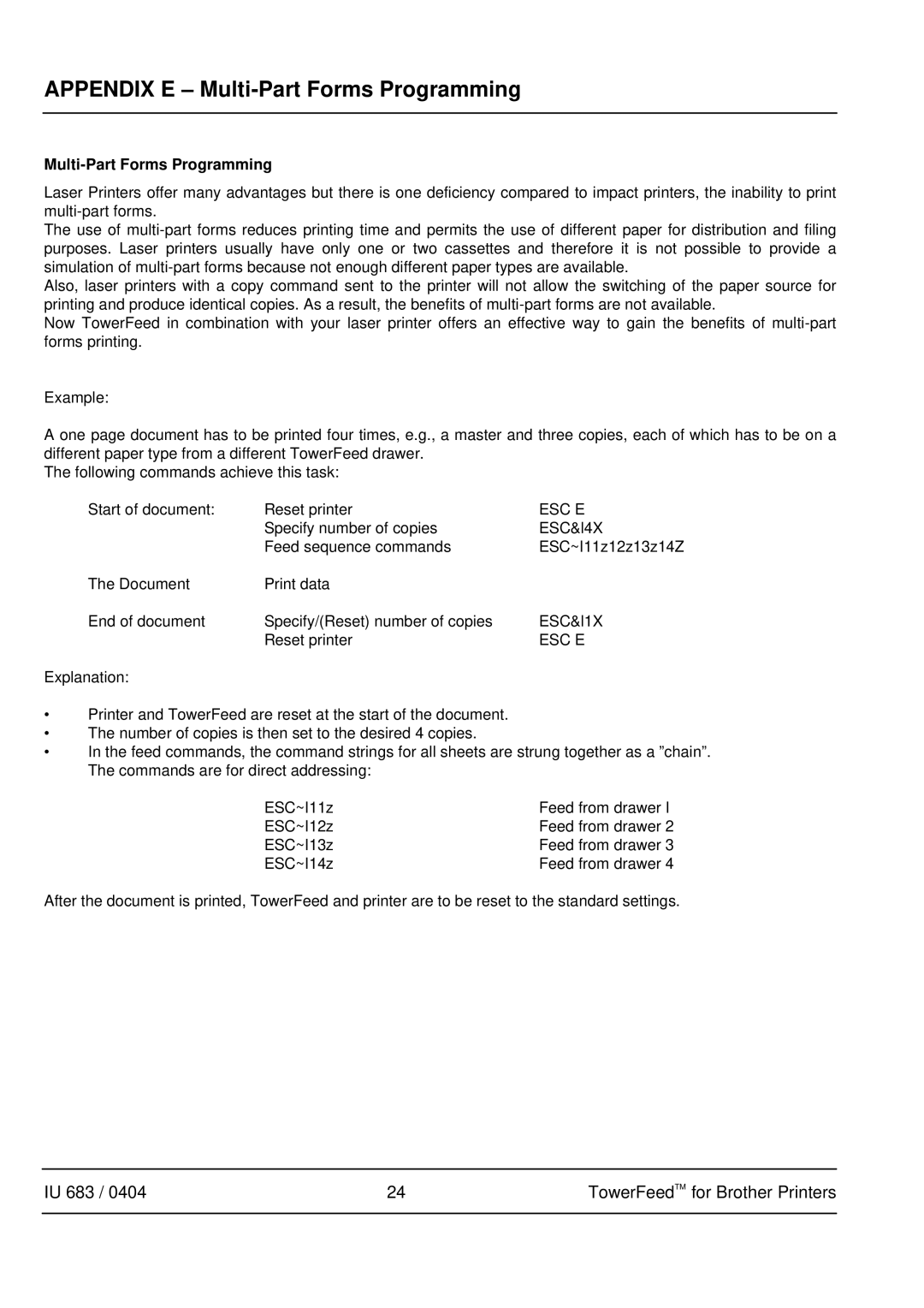 Brother IU 683 / 0402 manual Appendix E Multi-Part Forms Programming 