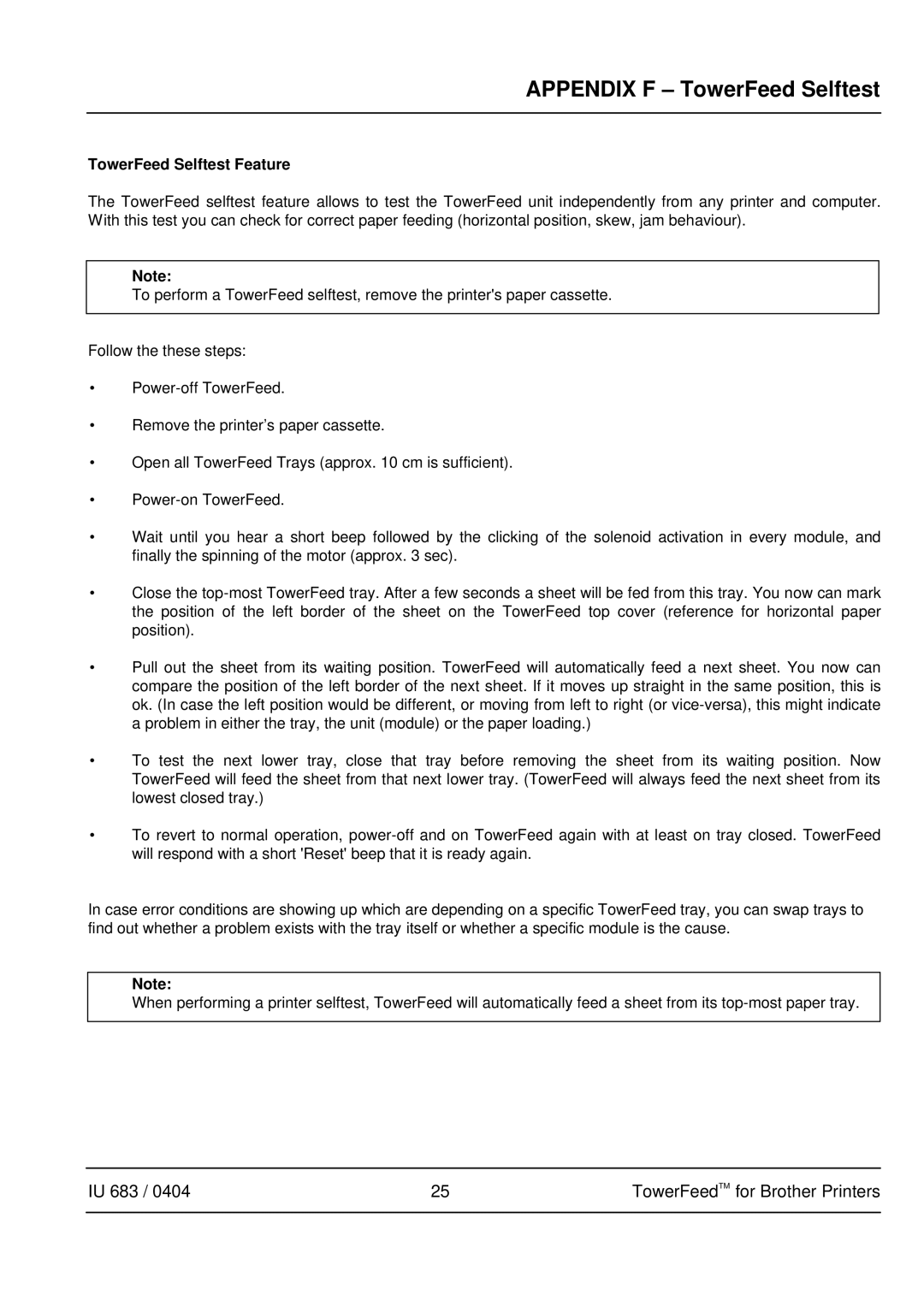 Brother IU 683 / 0402 manual Appendix F TowerFeed Selftest, TowerFeed Selftest Feature 