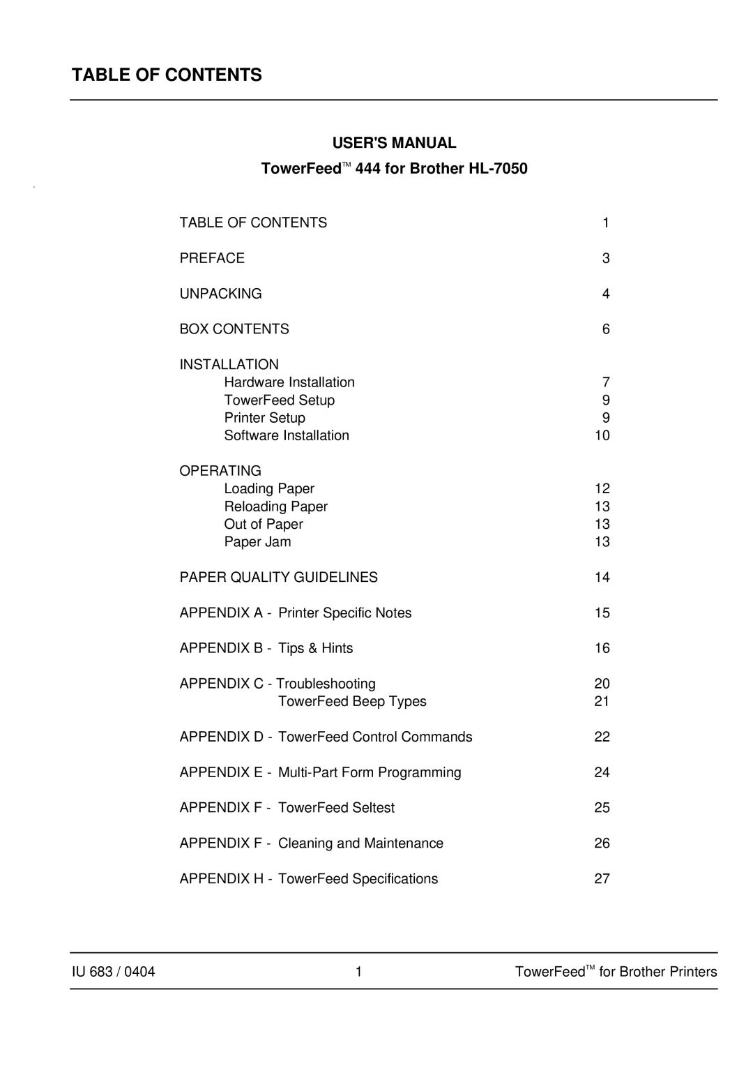 Brother IU 683 / 0402 manual Table of Contents 