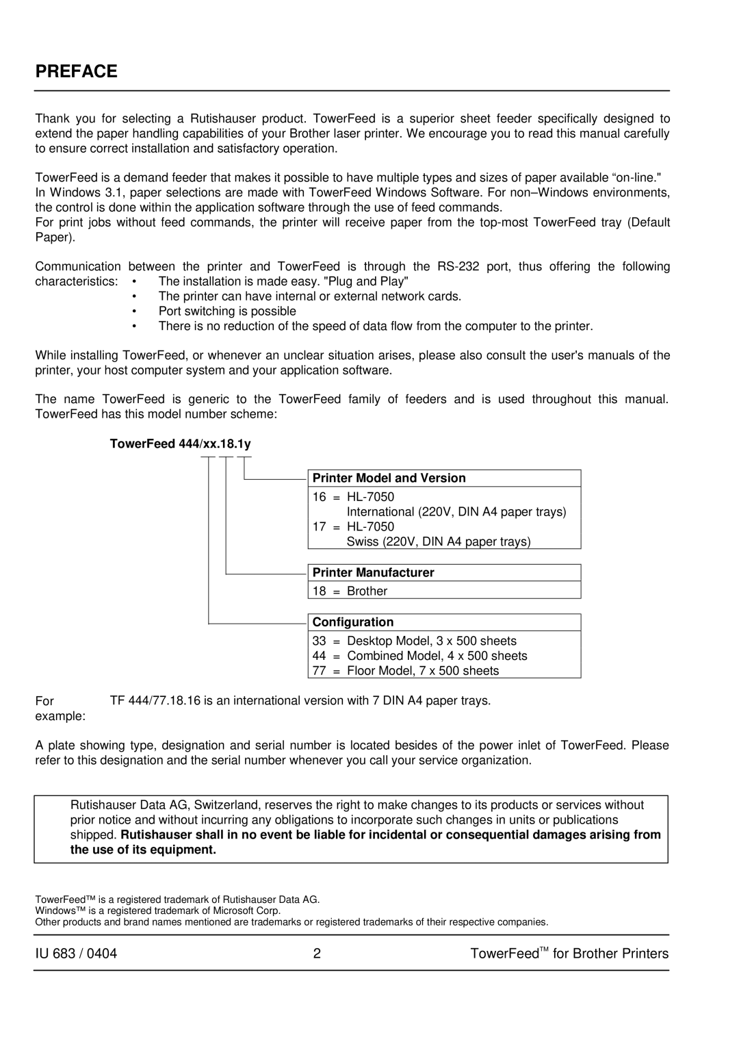 Brother IU 683 / 0402 manual Preface, TowerFeed 444/xx.18.1y Printer Model and Version, Printer Manufacturer, Configuration 