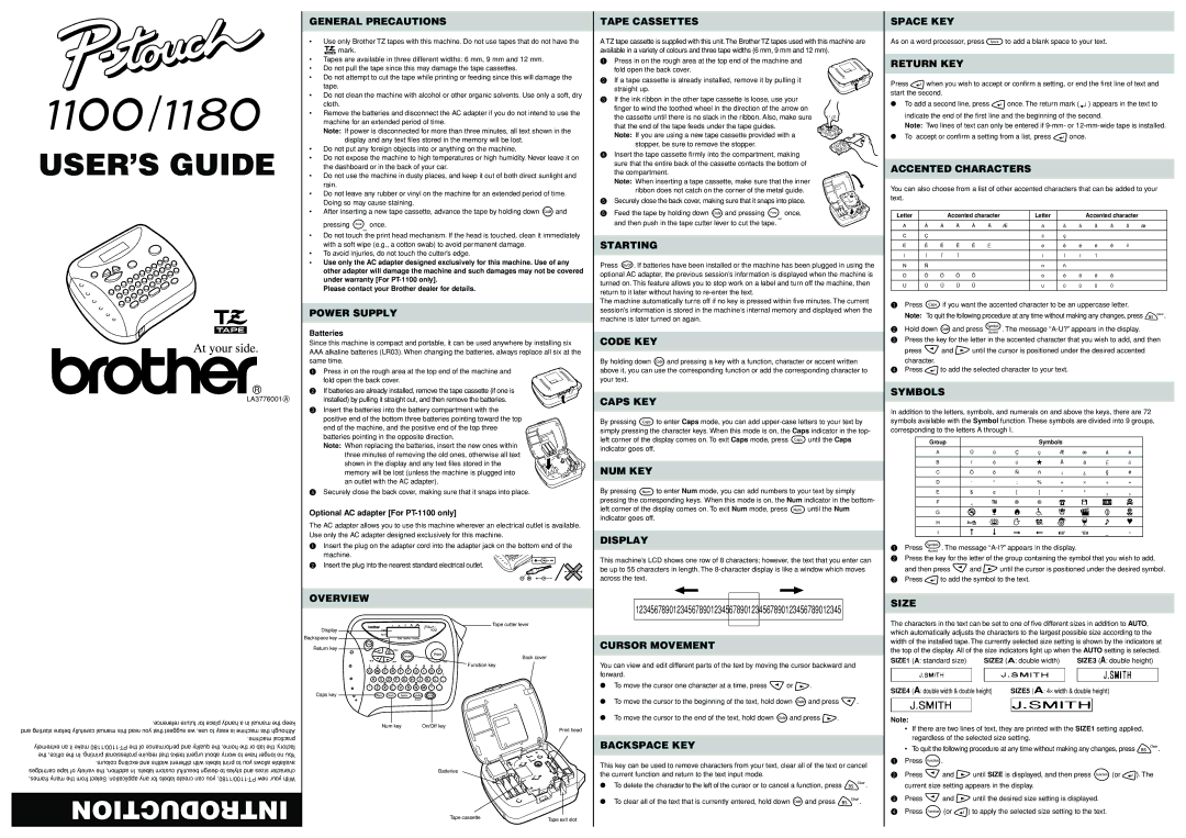 Brother 1180 warranty General Precautions, Power Supply, Overview, Tape Cassettes, Starting, Code KEY, Caps KEY, Num Key 