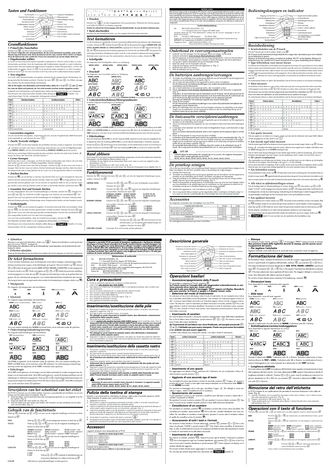 Brother LA9490001 Touch Ein-/Ausschalten, Eingabemodus wählen, Text eingeben, Leerzeichen eingeben, Cursor bewegen, Stampa 