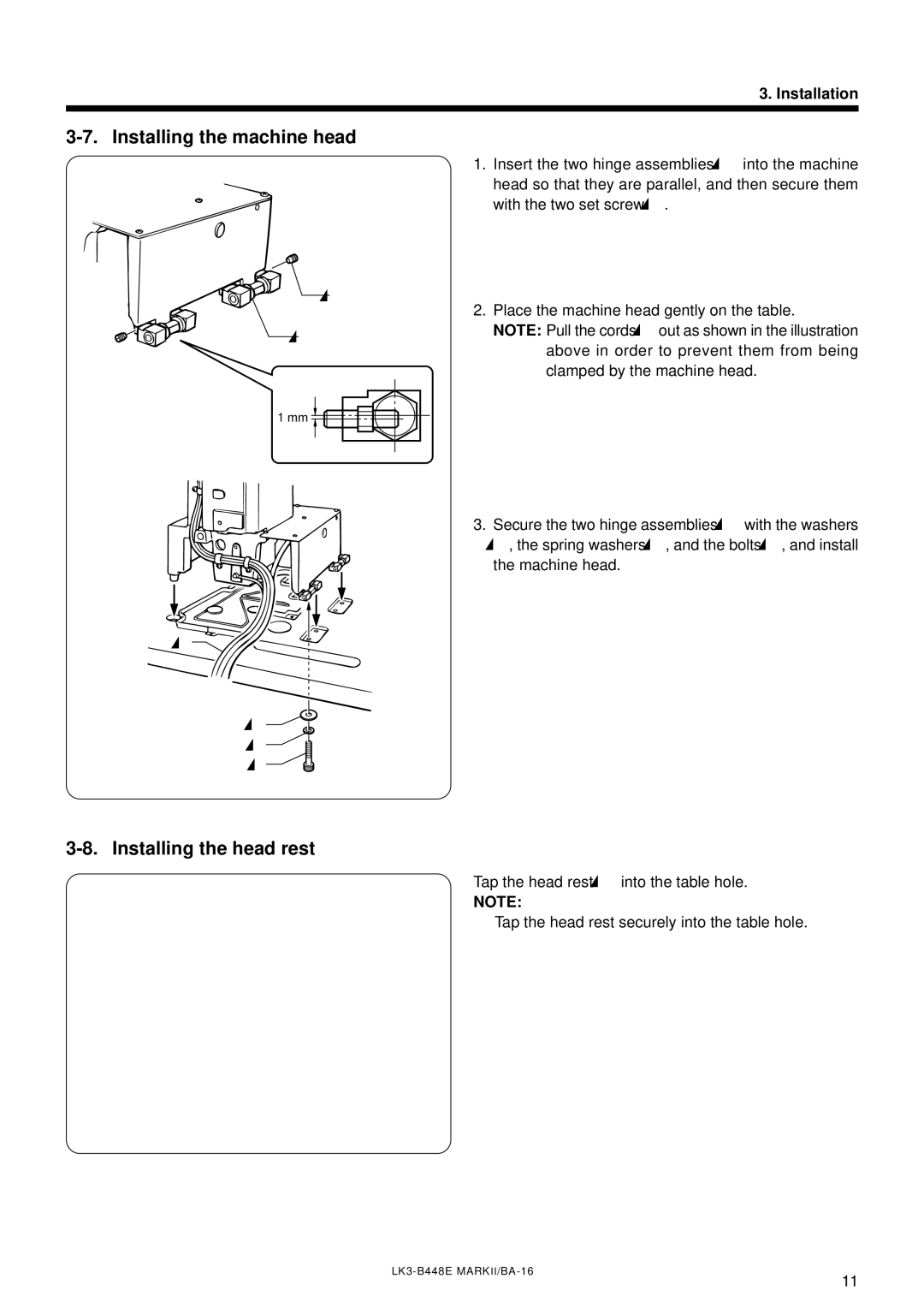 Brother LK3-B448E instruction manual Installing the machine head, Installing the head rest 