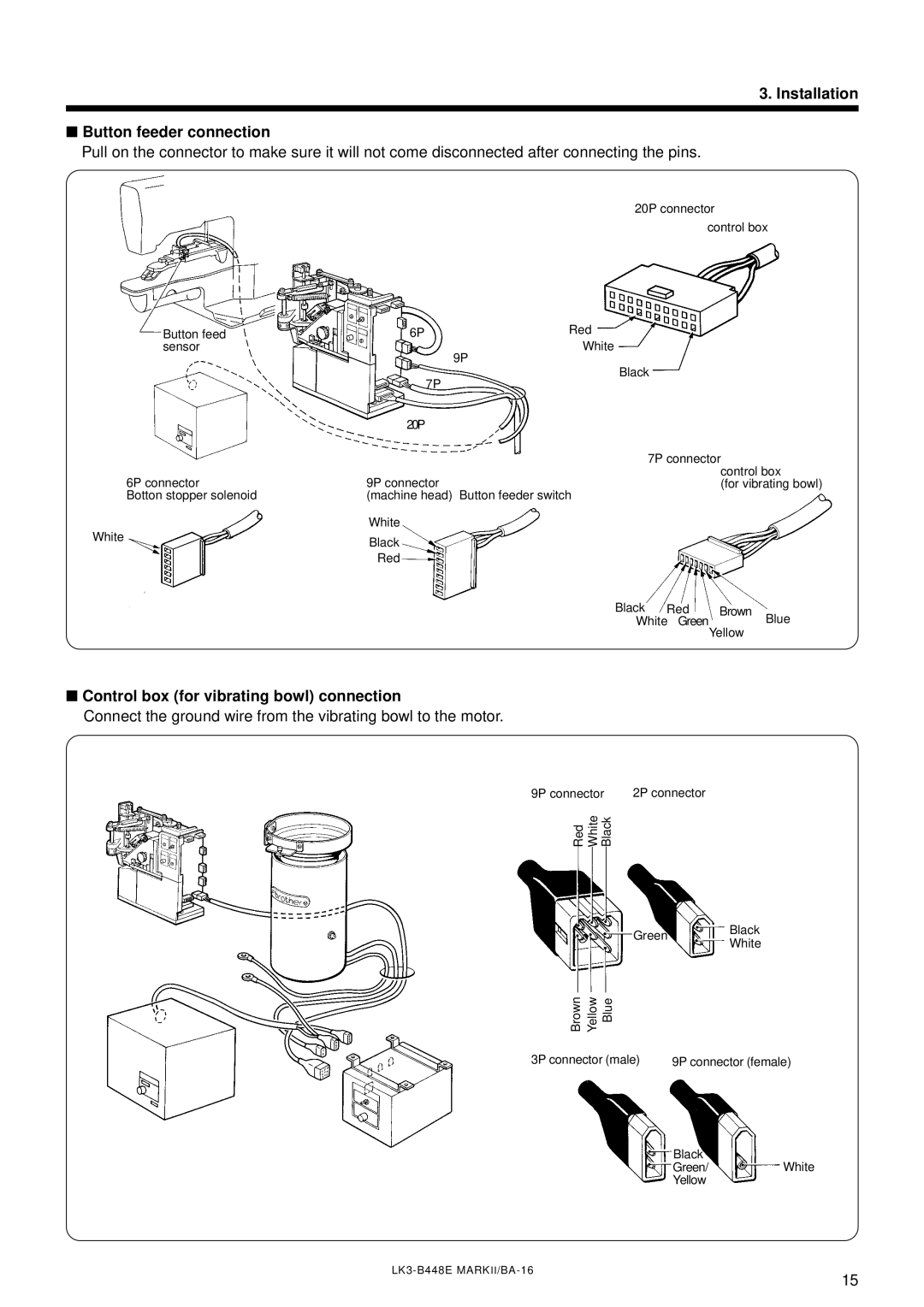 Brother LK3-B448E instruction manual Installation Button feeder connection, Control box for vibrating bowl connection 