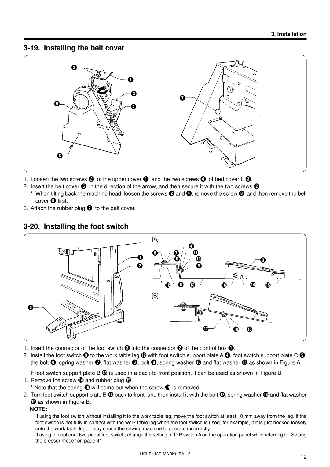 Brother LK3-B448E instruction manual Installing the belt cover, Installing the foot switch 