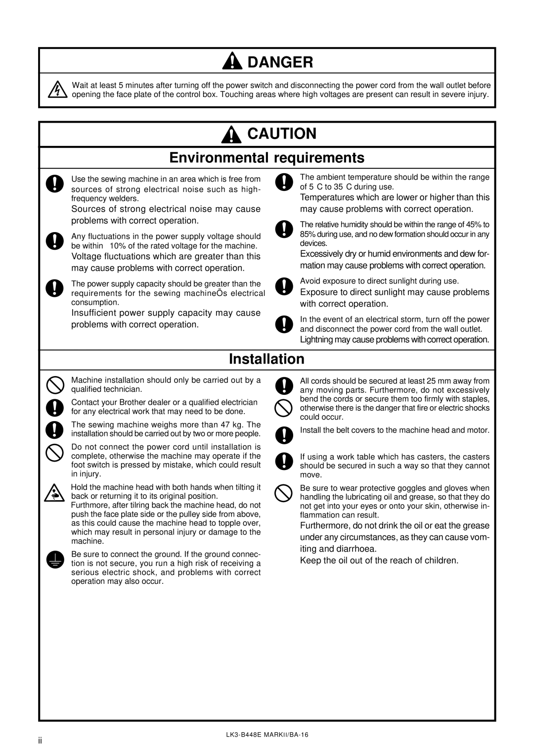 Brother LK3-B448E instruction manual Environmental requirements, Lightning may cause problems with correct operation 