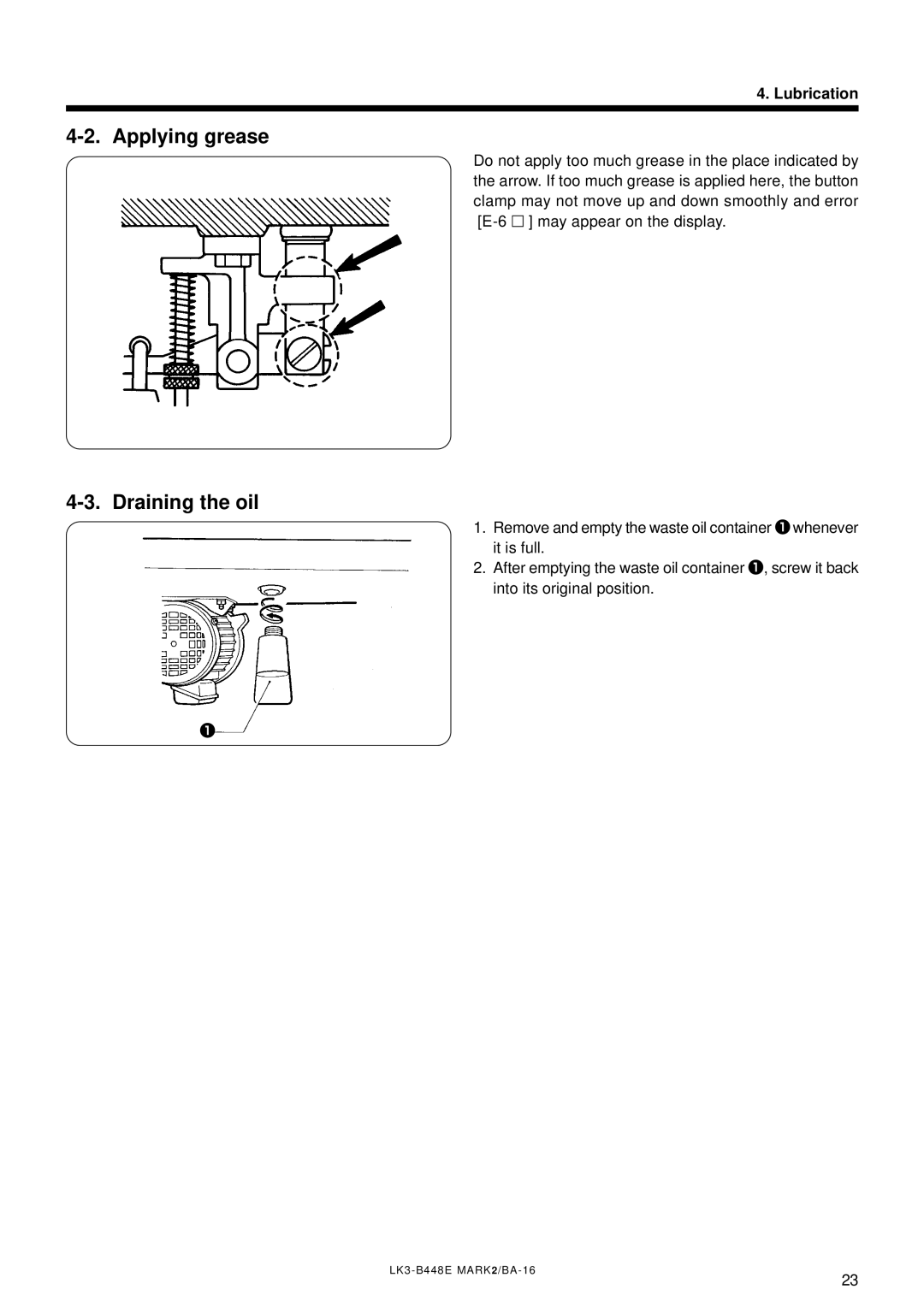 Brother LK3-B448E instruction manual Applying grease, Draining the oil 