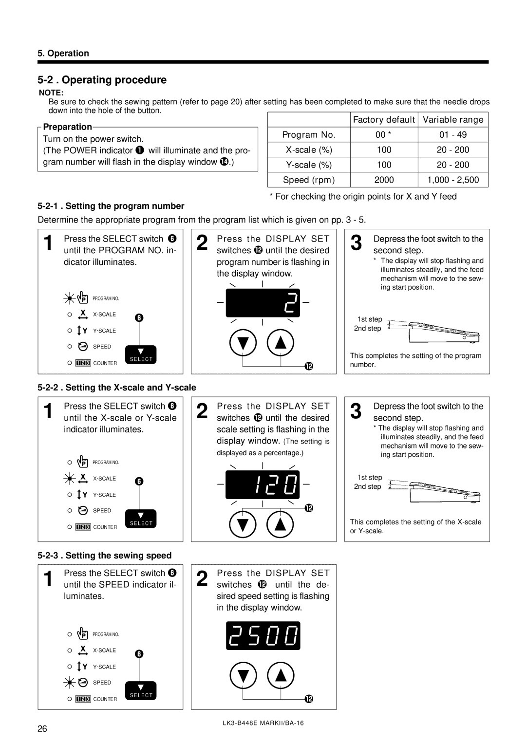 Brother LK3-B448E Operating procedure, Preparation, Setting the program number, Setting the X-scale and Y-scale 