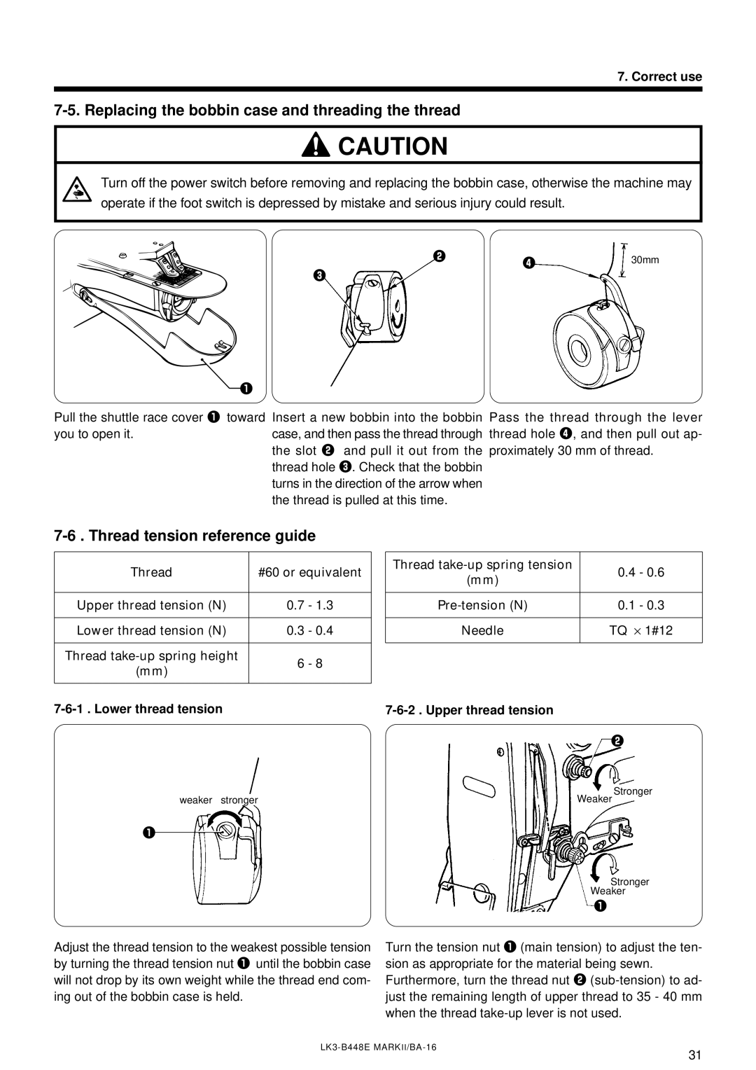 Brother LK3-B448E instruction manual Replacing the bobbin case and threading the thread, Thread tension reference guide 