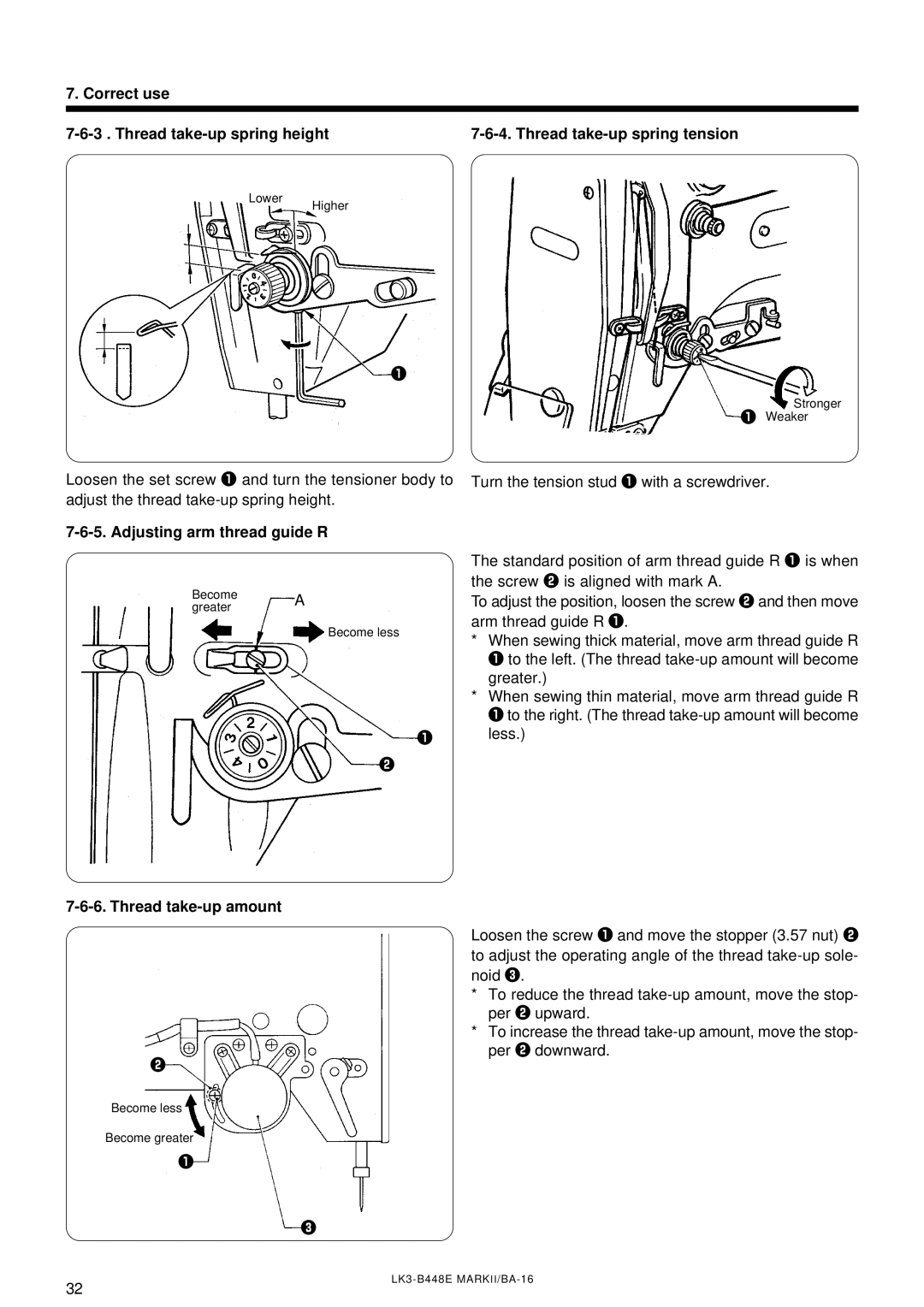 Brother LK3-B448E instruction manual Adjusting arm thread guide R, Thread take-up amount 