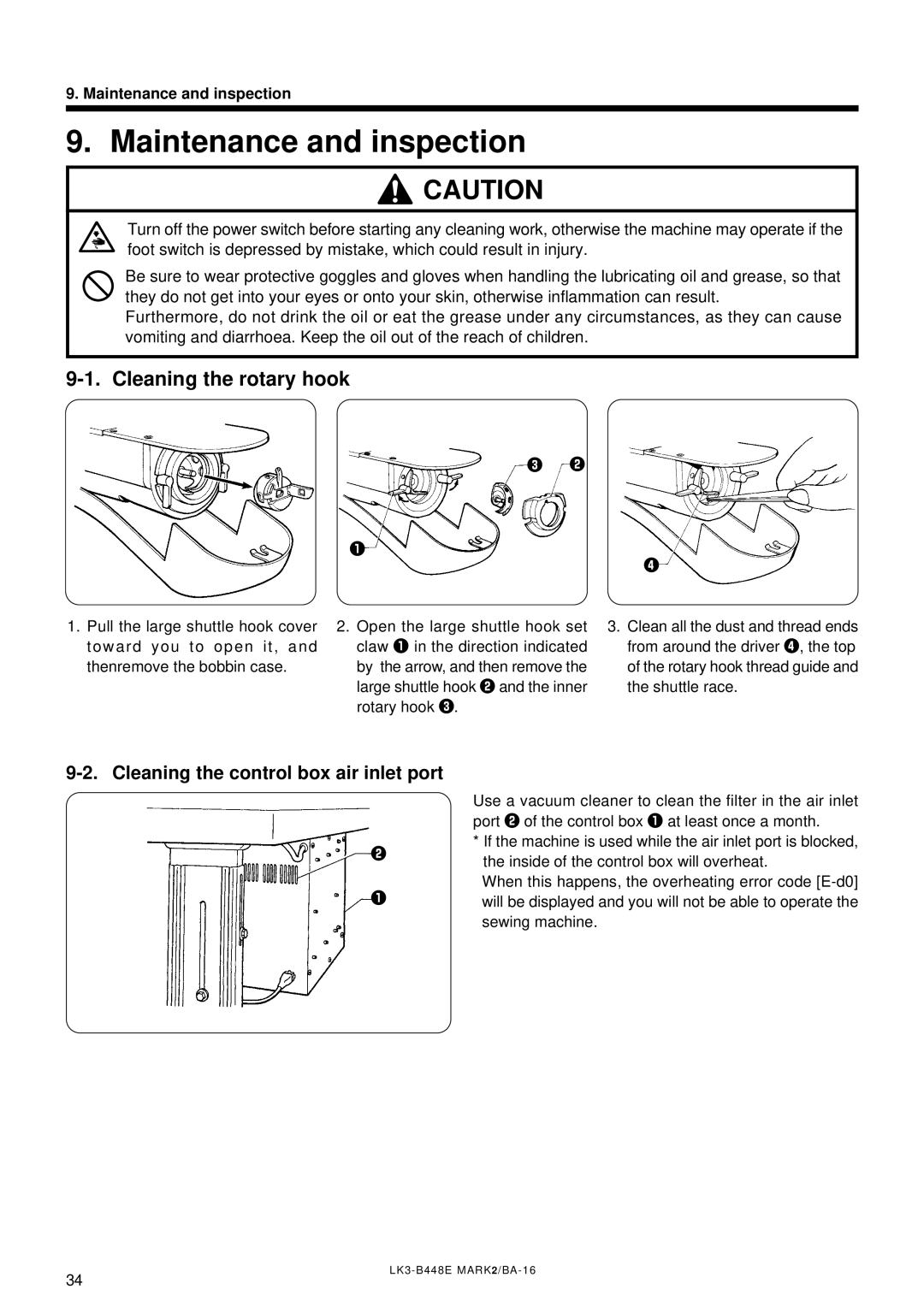 Brother LK3-B448E Maintenance and inspection, Cleaning the rotary hook, Cleaning the control box air inlet port 