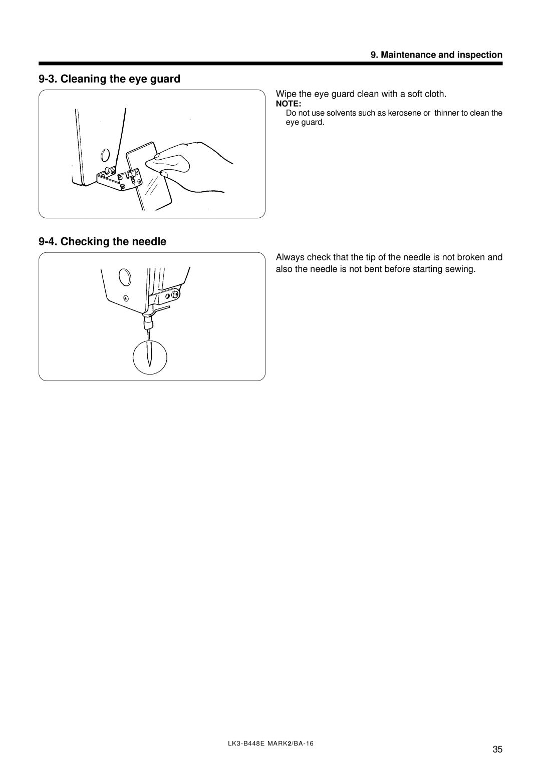 Brother LK3-B448E Cleaning the eye guard, Checking the needle, Wipe the eye guard clean with a soft cloth 