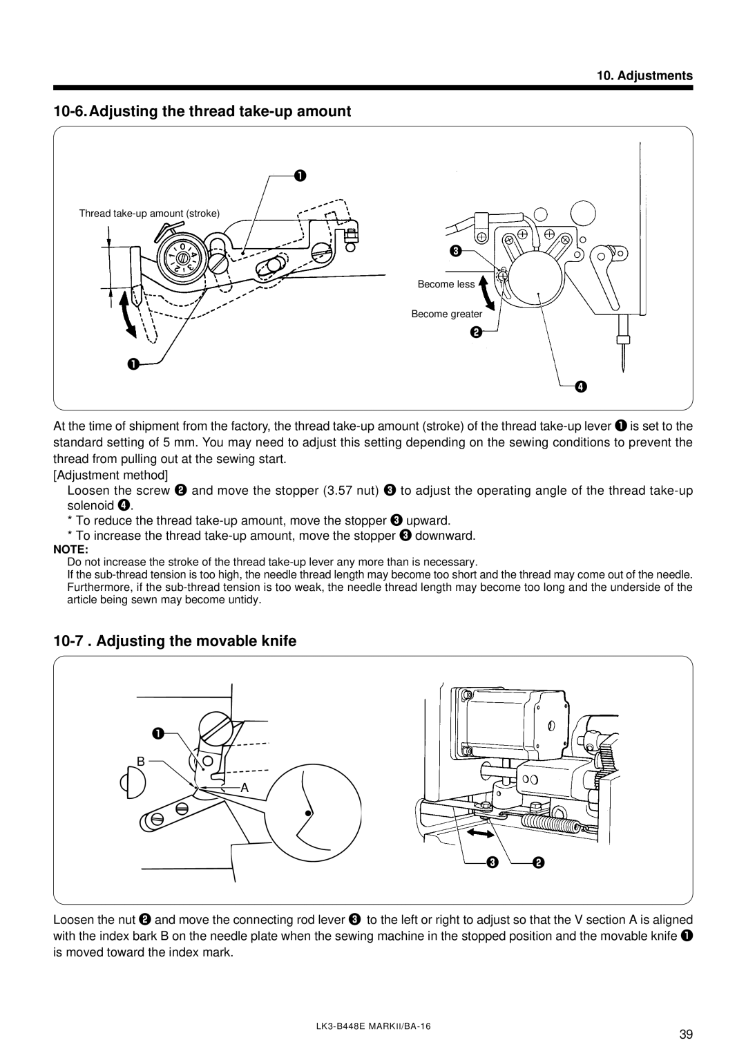 Brother LK3-B448E instruction manual Adjusting the thread take-up amount, Adjusting the movable knife 