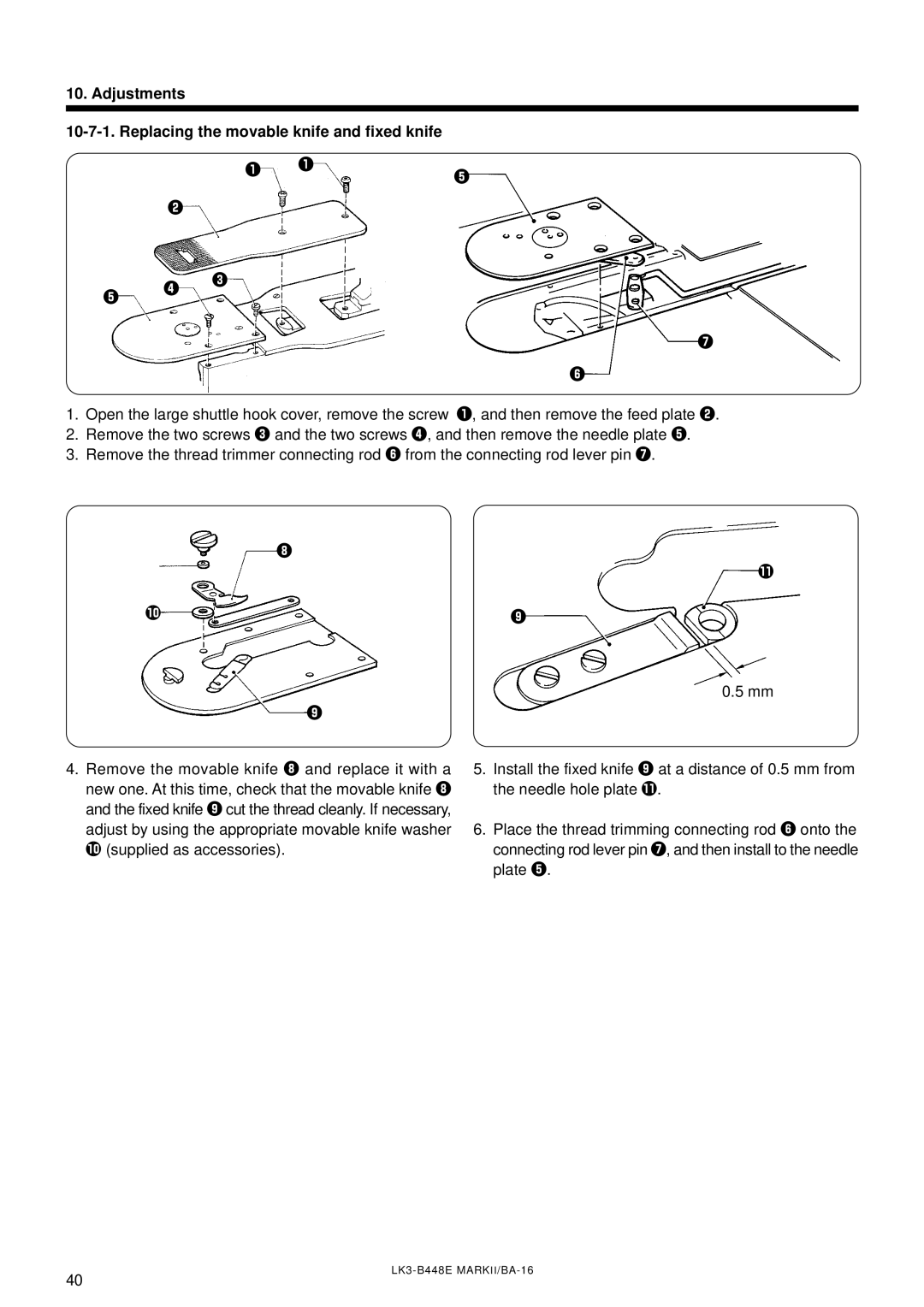 Brother LK3-B448E instruction manual Adjustments Replacing the movable knife and fixed knife 