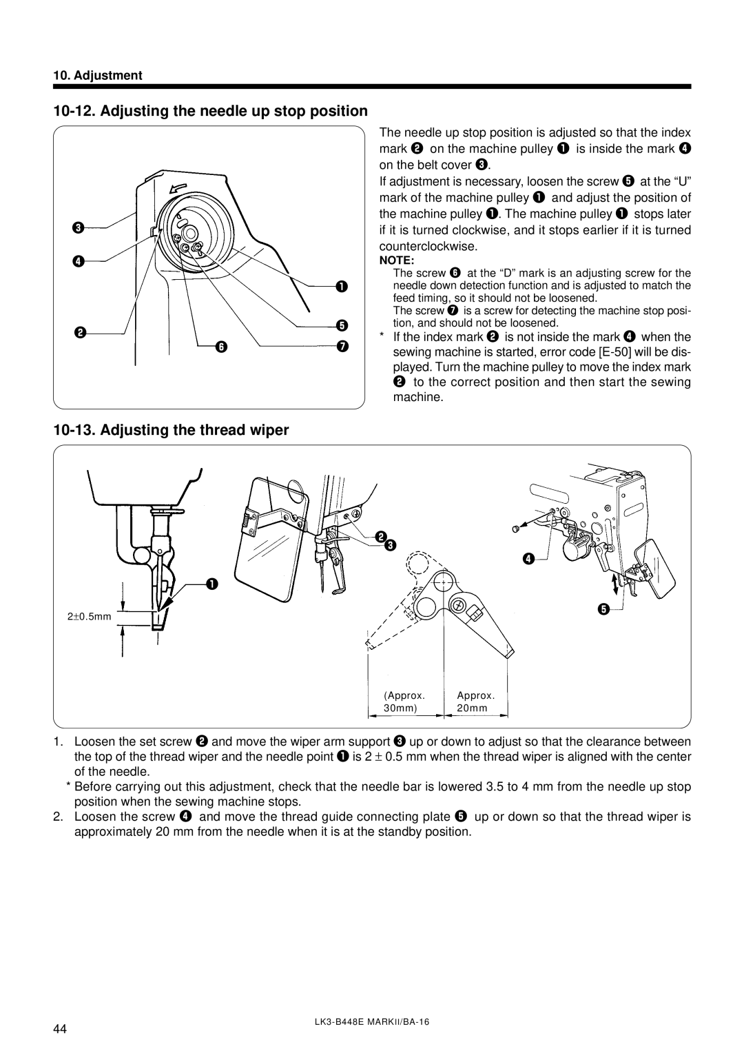 Brother LK3-B448E instruction manual Adjusting the needle up stop position, Adjusting the thread wiper 