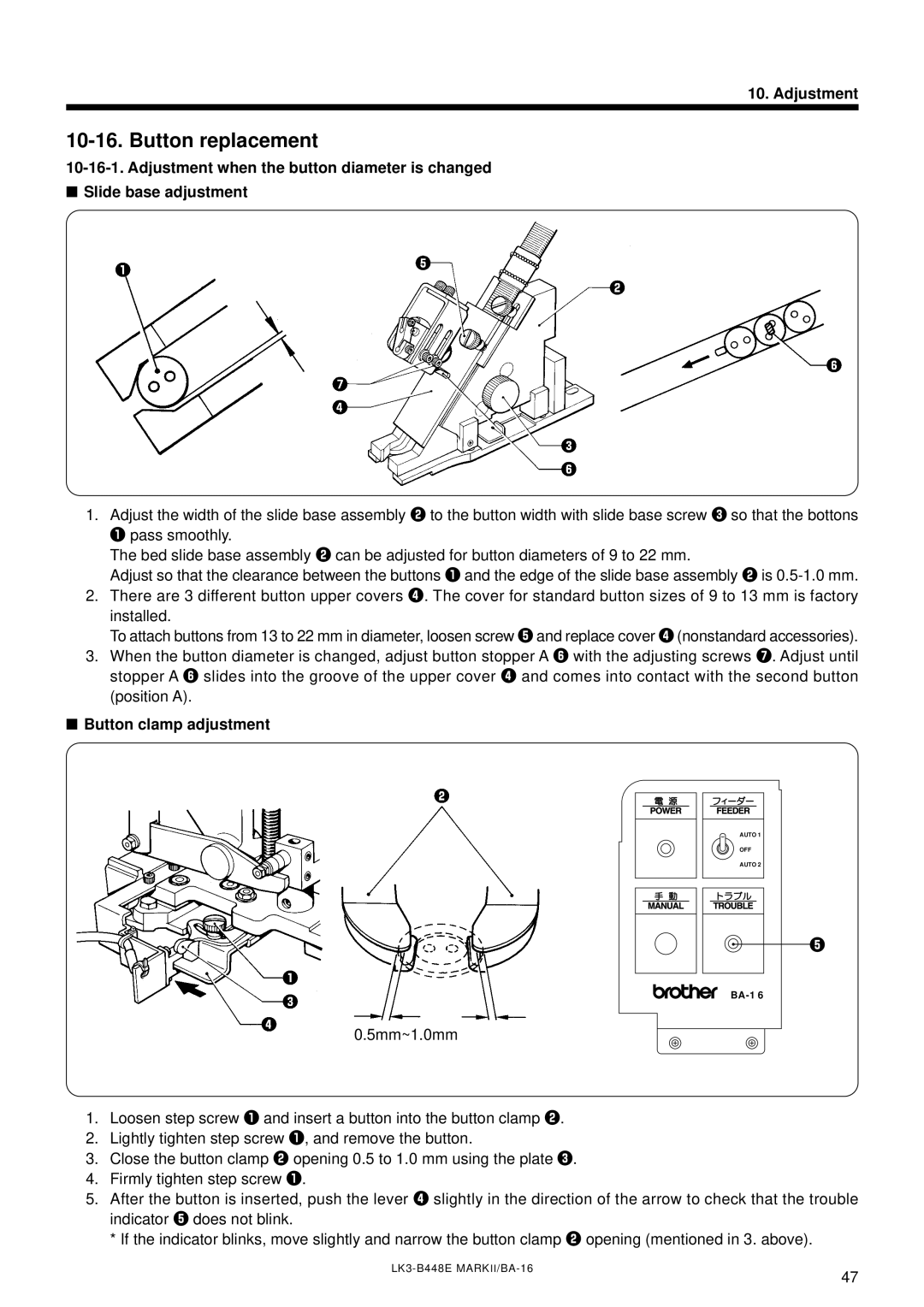 Brother LK3-B448E instruction manual Button replacement, Button clamp adjustment 