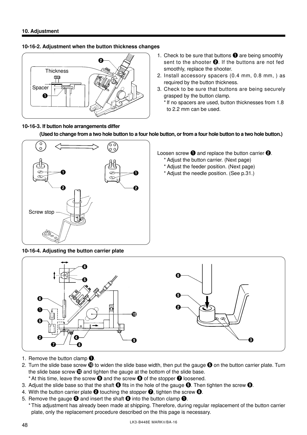 Brother LK3-B448E Adjustment Adjustment when the button thickness changes, If button hole arrangements differ 