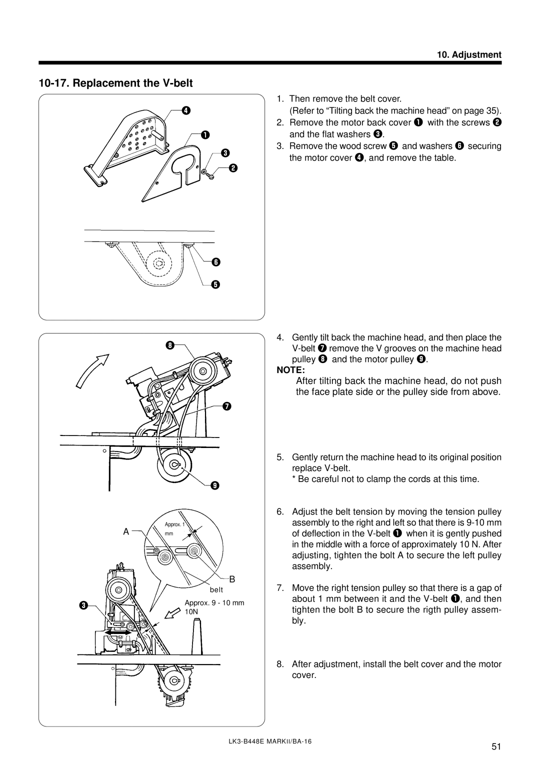 Brother LK3-B448E instruction manual Replacement the V-belt, Adjustment 