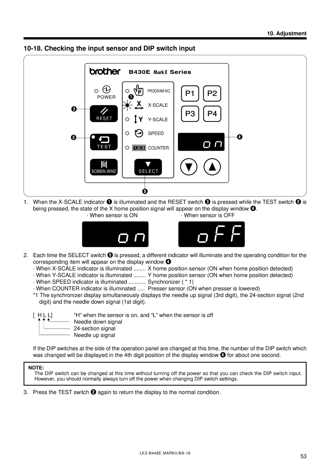 Brother LK3-B448E instruction manual P1 P2 P3 P4, Checking the input sensor and DIP switch input 